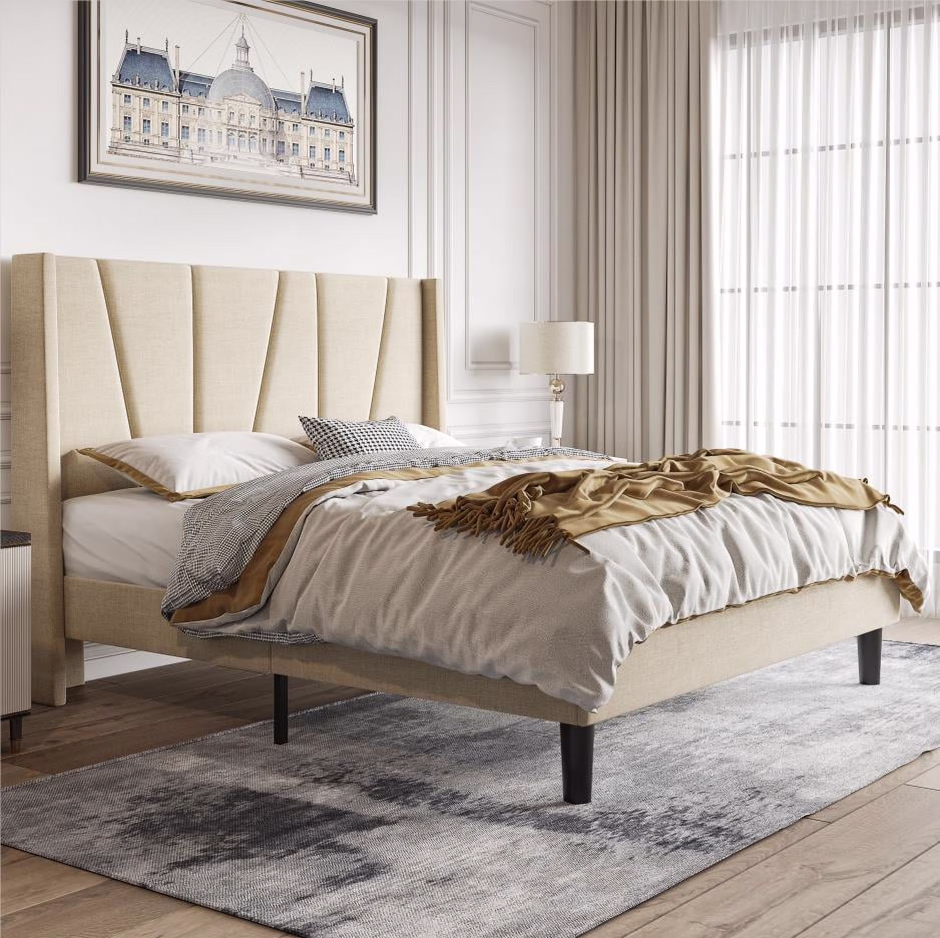 Einfach Queen Size Platform Bed, Wingback and Geometric Headboard, Beige