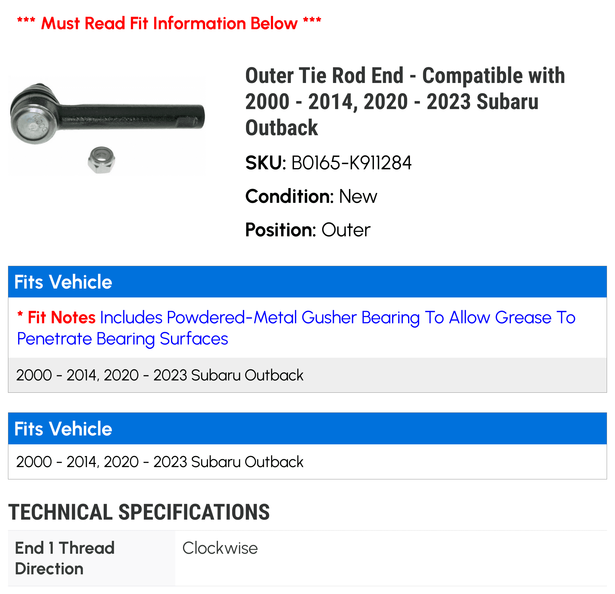 Outer Tie Rod End - Compatible with 2000 - 2014, 2020 - 2023 Subaru Outback 2001 2002 2003 2004 2005 2006 2007 2008 2009 2010 2011 2012 2013 2021 2022