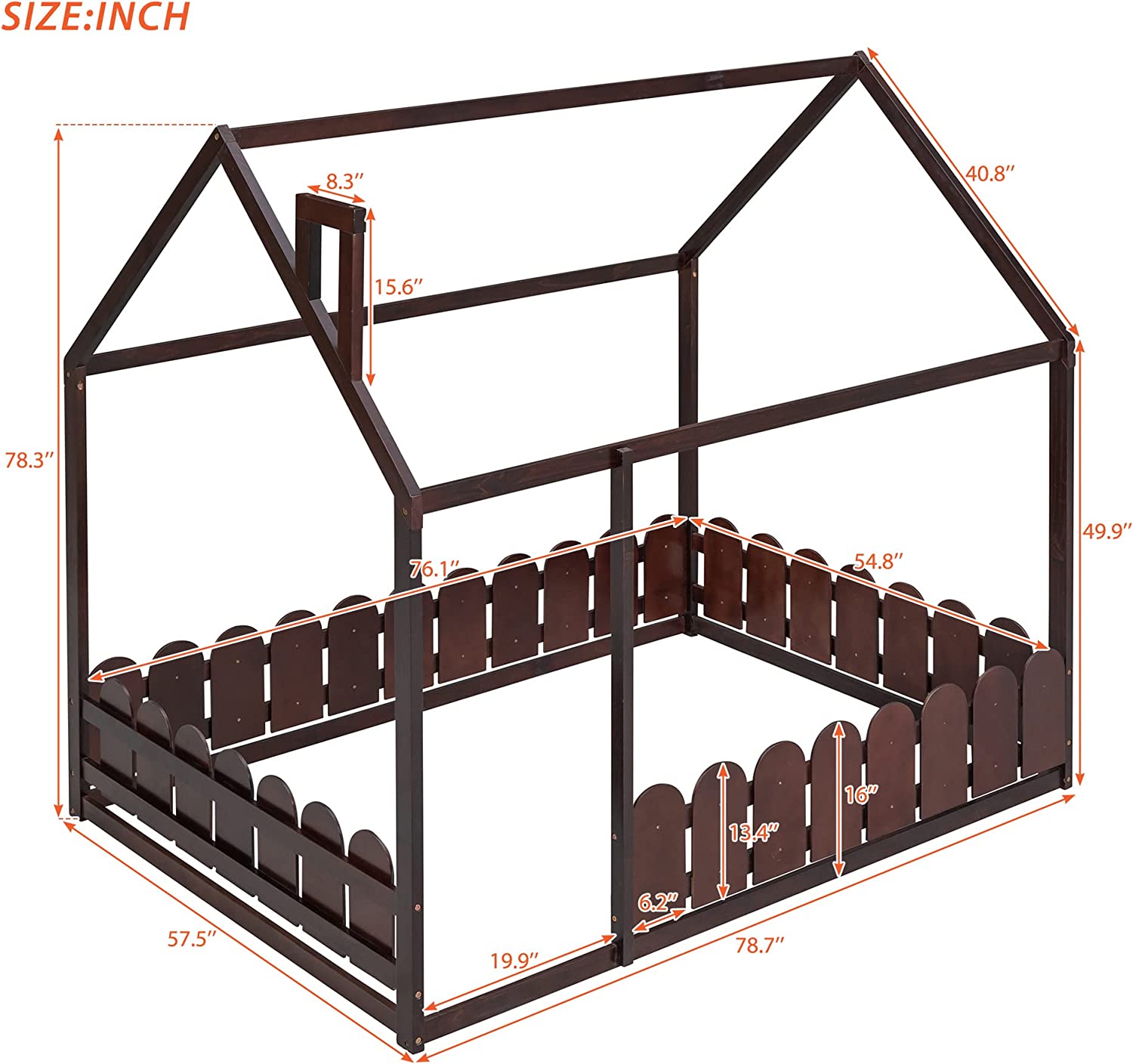 Full Size House Bed for Kids, Montessori Bed Full Size Platform Bed Frame with Fence-Shaped Guardrails, Solid Wood Cabin Bed for Kids, Teens, Girls & Boys