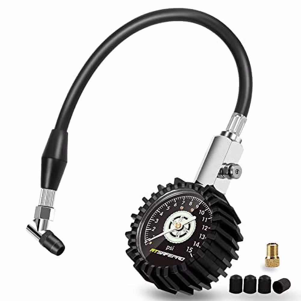 Low Pressure Tire Gauge 15PSI, ATsafepro 2.5” Mechanical Tire Pressure Gauge with Flexible Hose and Angled Chuck, Certificated Accuracy Analog Air Pressure Gauge for ATV, UTV and Tractors