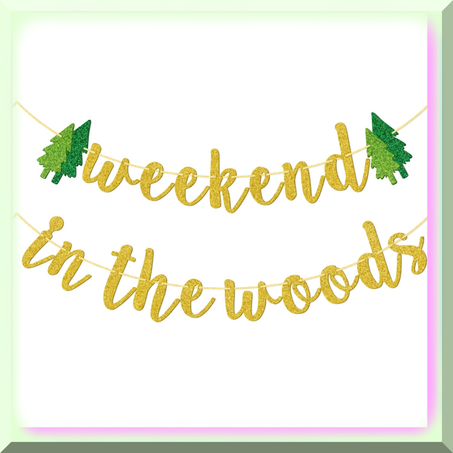 Glittering Woods Bachelorette Banner - Pre-Strung Camp Party Decor for Girls Weekend - Gold Glitter Glamping Bachelorette Party Supplies