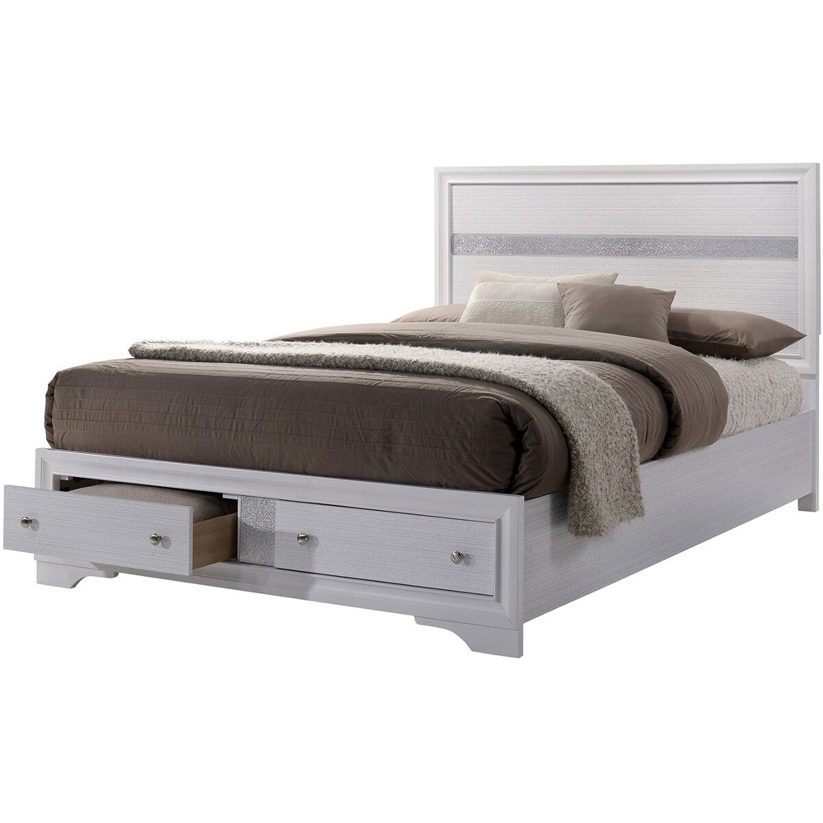 Panel Design Eastern King Bed with Silver Accents and Bracket Feet, White