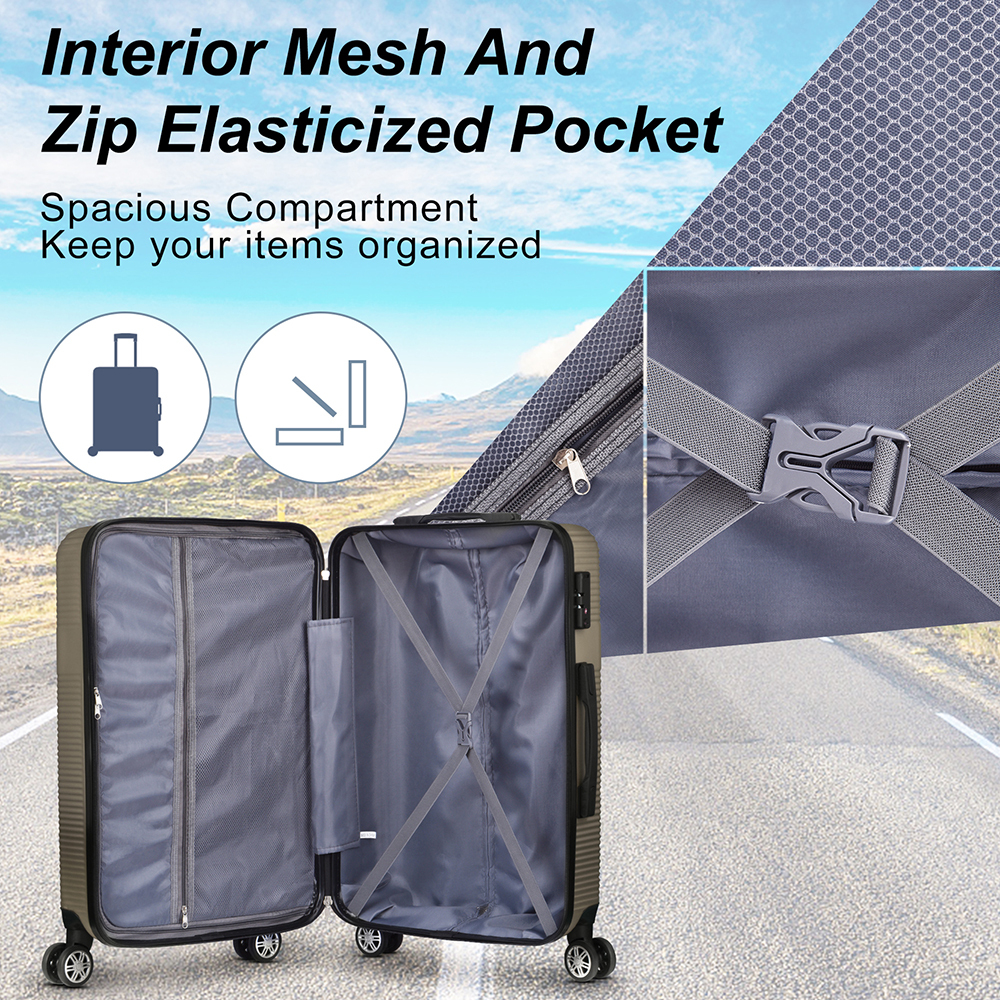 Fangsheng 3 Piece Luggage with TSA Lock ABS, Durable Luggage Set, Lightweight Suitcase with Hooks, Spinner Wheels Cross Stripe Luggage Sets 20in/24in/28in, Champagne