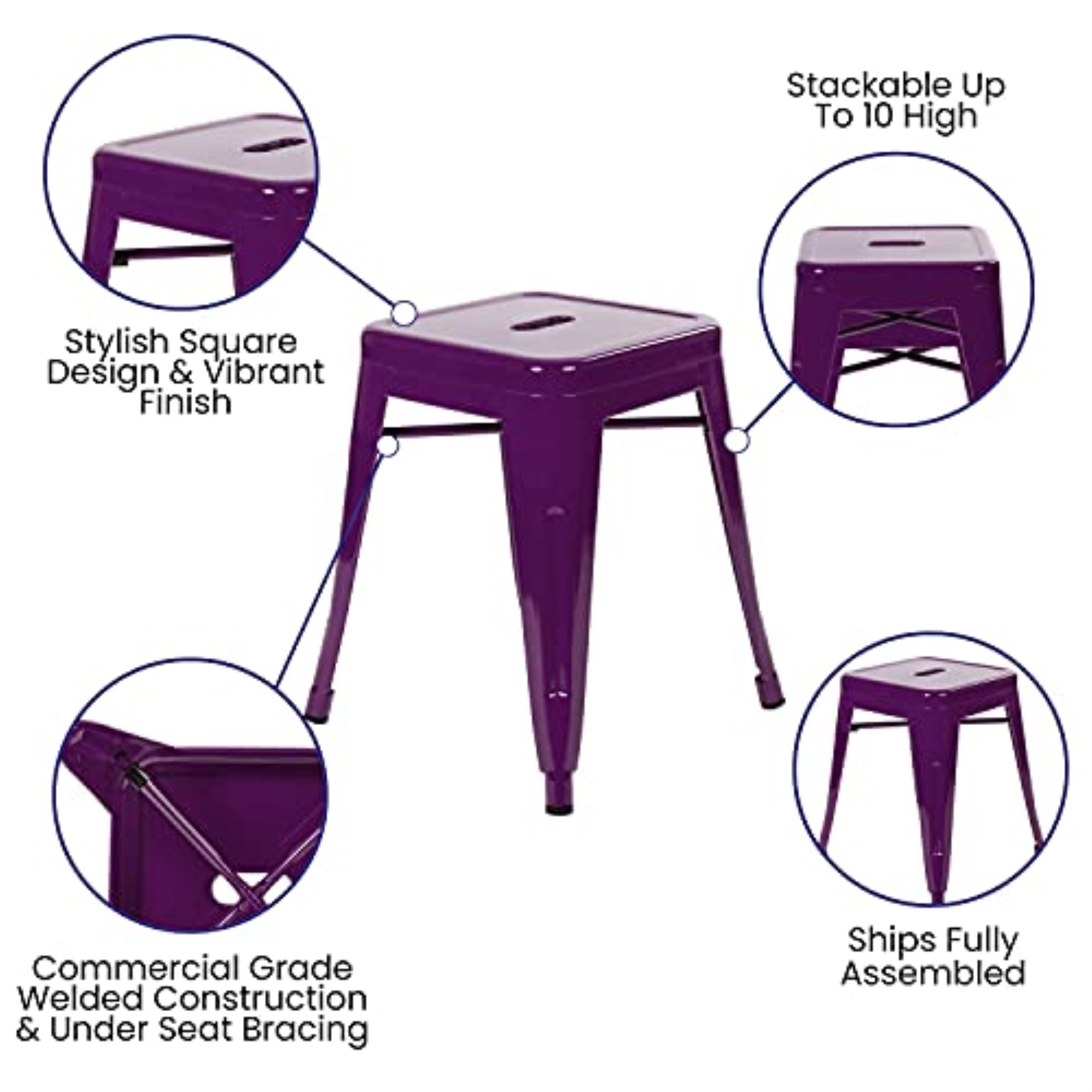 Flash Furniture Kai Backless Metal Dining Stool, Purple, Set of 4