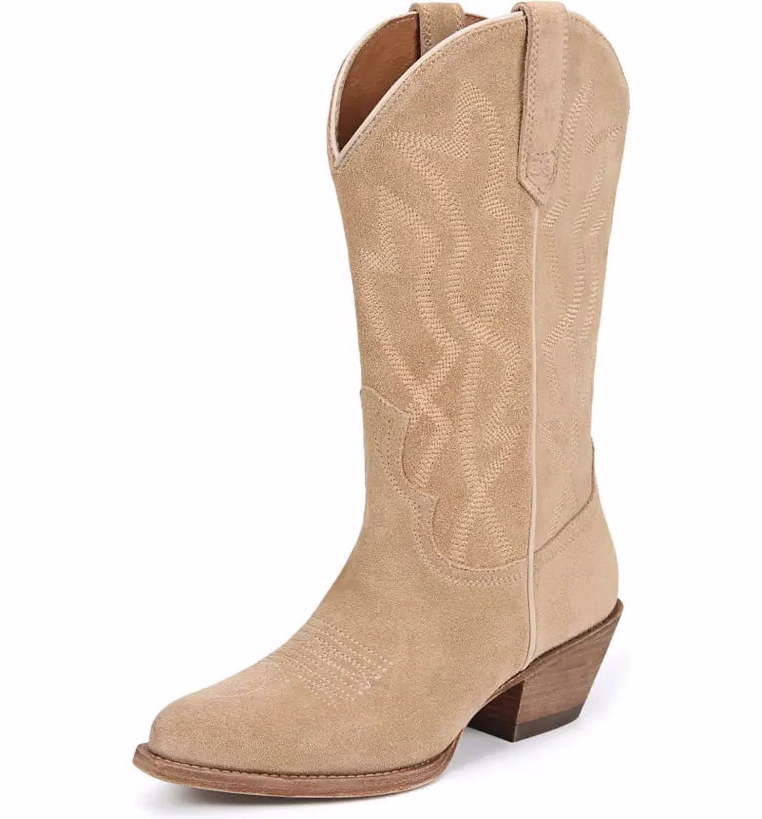 Sam Edelman Fuller Sand Suede Stacked Heel Pointed Toe Pull On Western Boots (Sand Suede, 10)