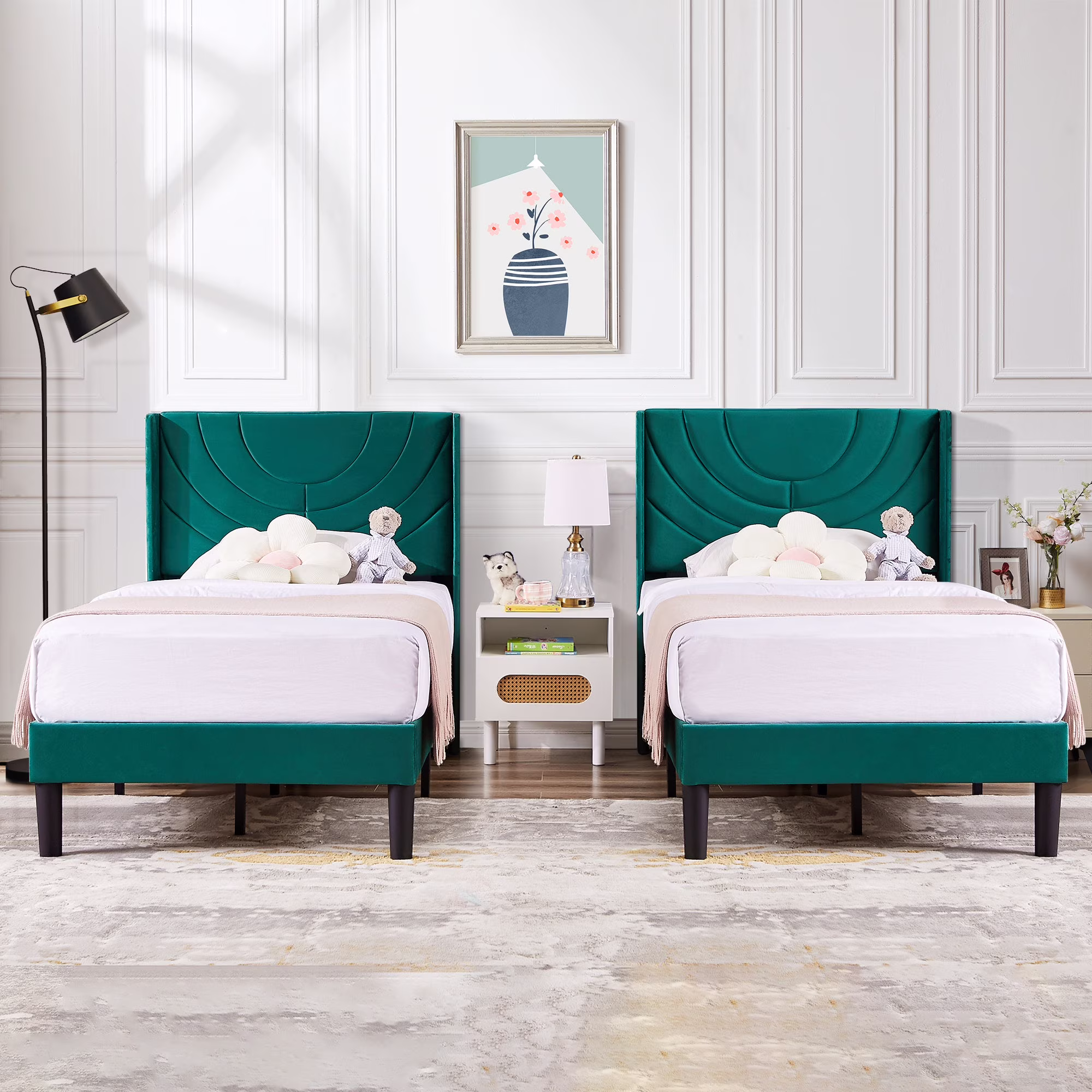 VECELO Set of 2 Twin Bed Frames, Modern Upholstered Platform Bed Frame with Tufted Headboard, No Box Spring Needed, Dark Green