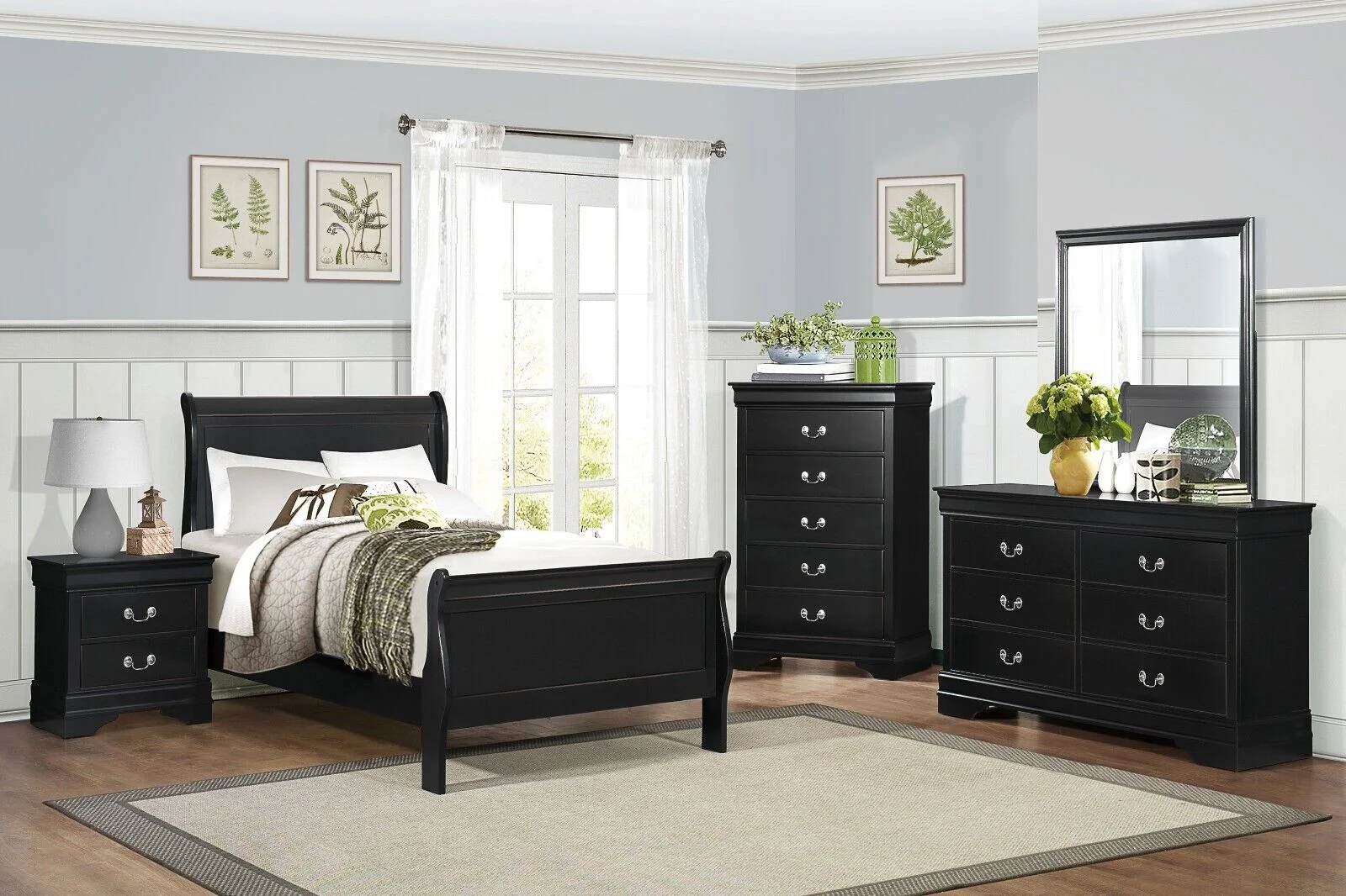 Classic Louis Philippe Style Bedroom 4pc Set Twin Bed Nightstand Dresser Mirror Traditional Black Finish Furniture