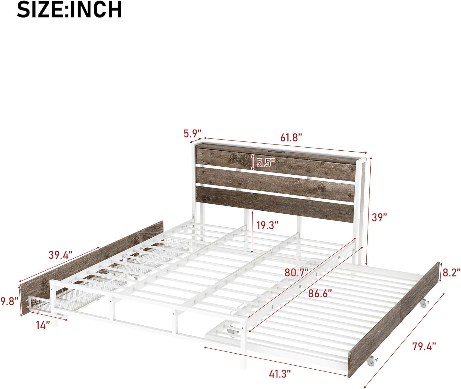 Industrial Metal Platform Bed with Drawers and Trundle, Queen Size Metal Platform Bed Frame with Sockets and USB Ports Storage Headboard, Maximize Space Saving