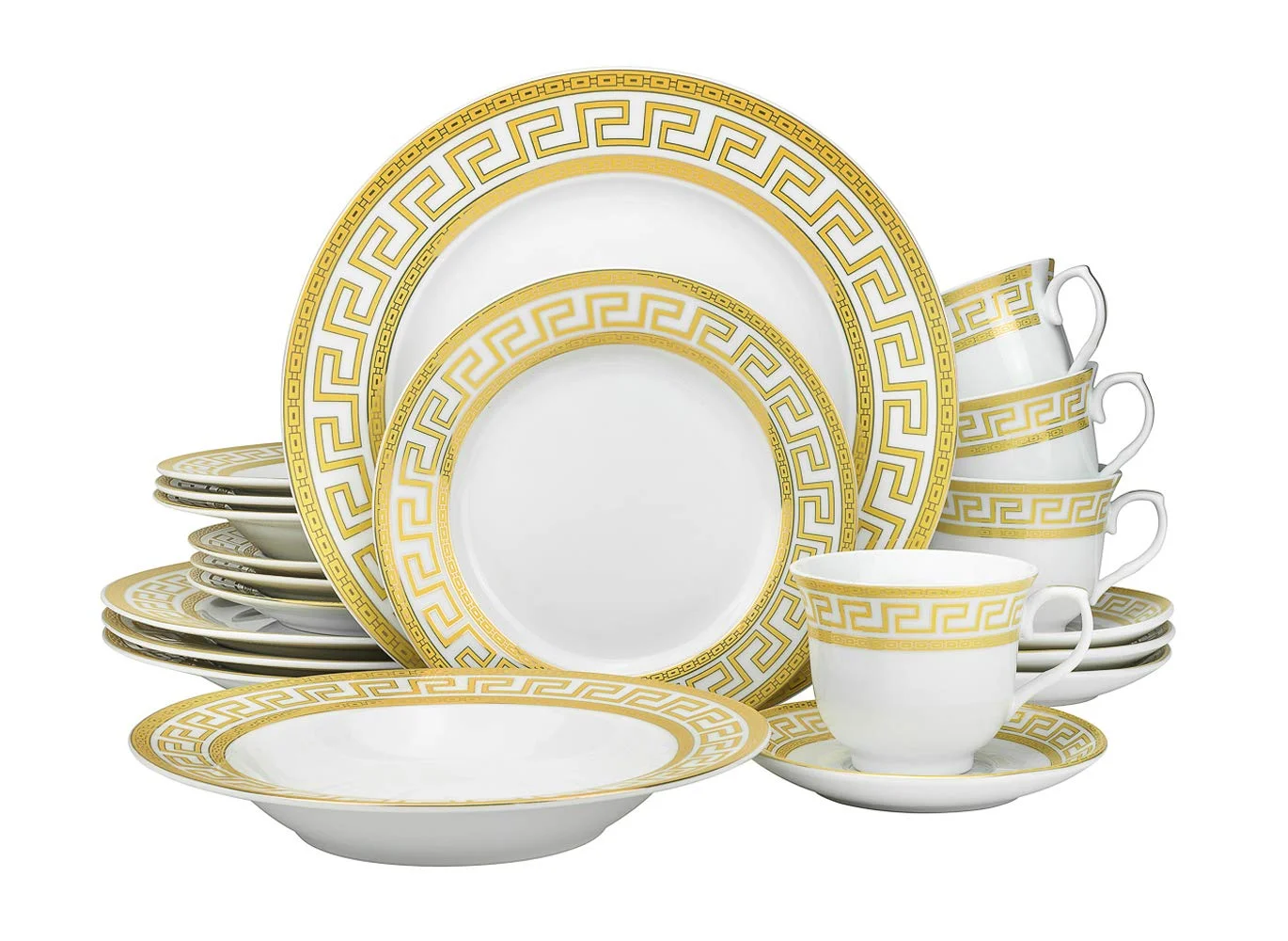 Euro Porcelain 40-pc Dinnerware Set w/ Gold Greek Key Pattern & 24K Ornament - HQ Dining Service for 8