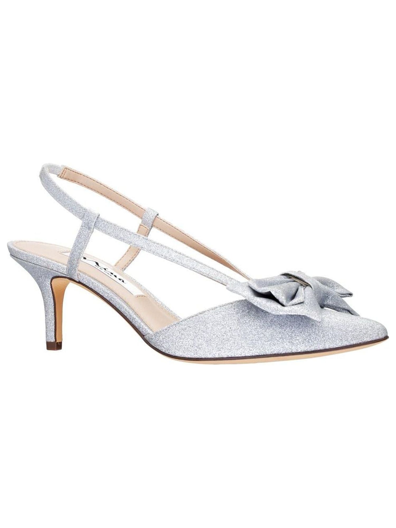 NINA NEW YORK Womens Silver Bow Accent Glitter Teddy Pointed Toe Kitten Heel Slip On Dress Pumps Shoes 6.5 M