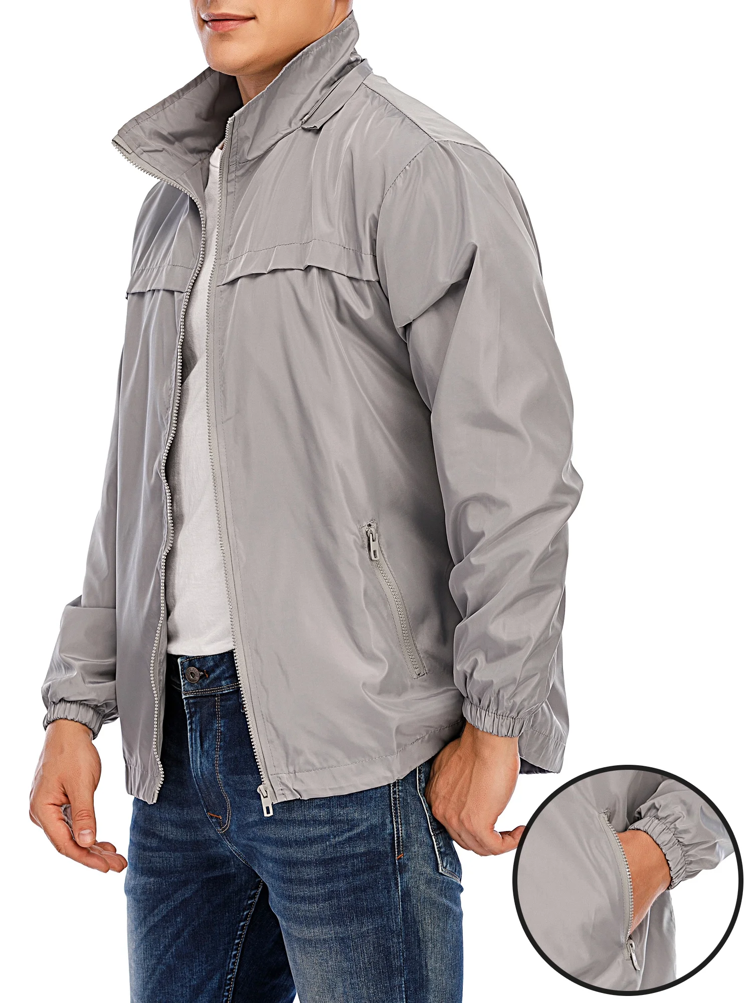 LELINTA Men's Full Zip Removable Hood Outdoor Lightweight Waterproof Jacket Waterproof Rain Jacket Drawstring Hem Sport Windbreaker, S-2XL, Grey
