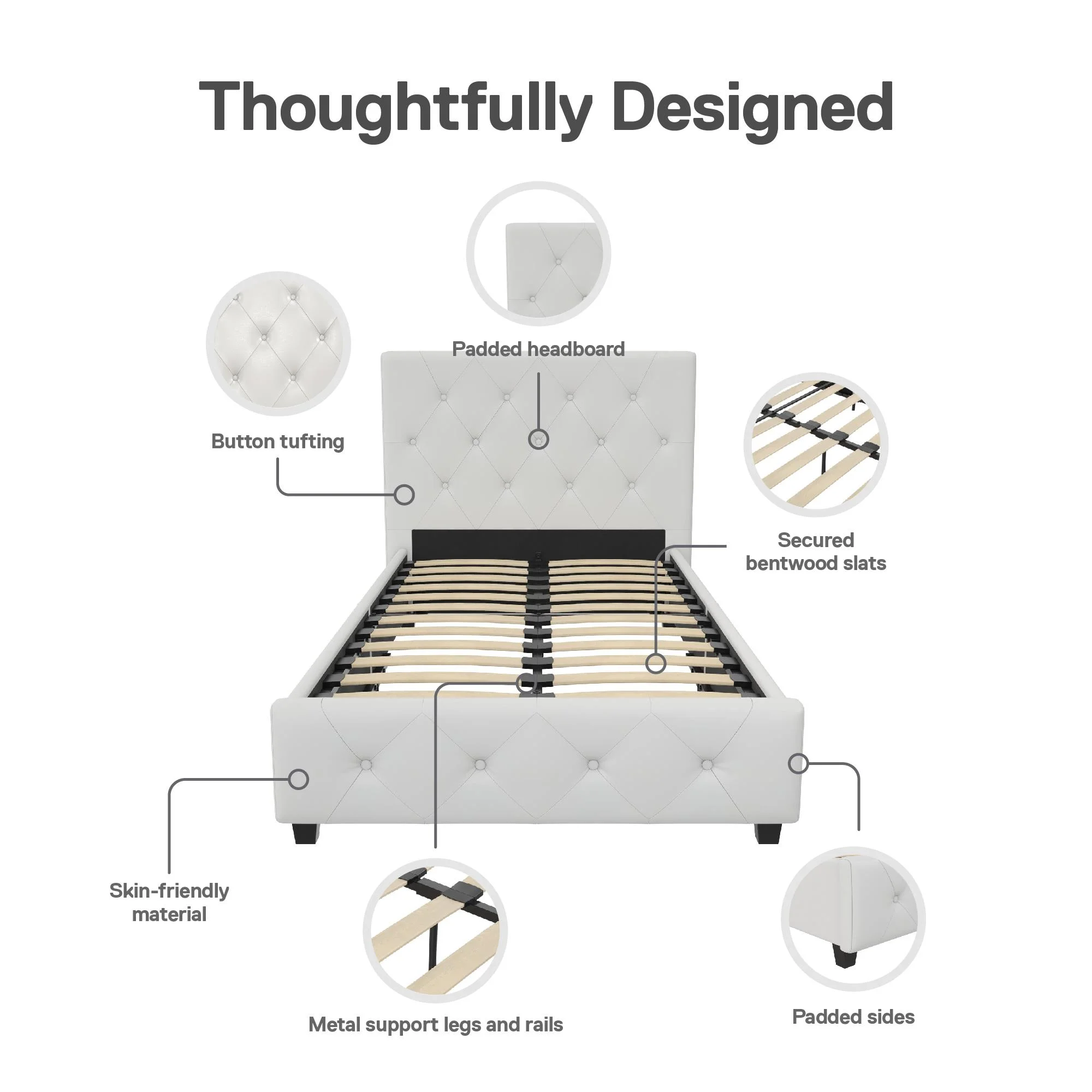 DHP Dakota Upholstered Bed with Signature Sleep Tranquil 8-Inch Pocket Spring Mattress, Twin, White