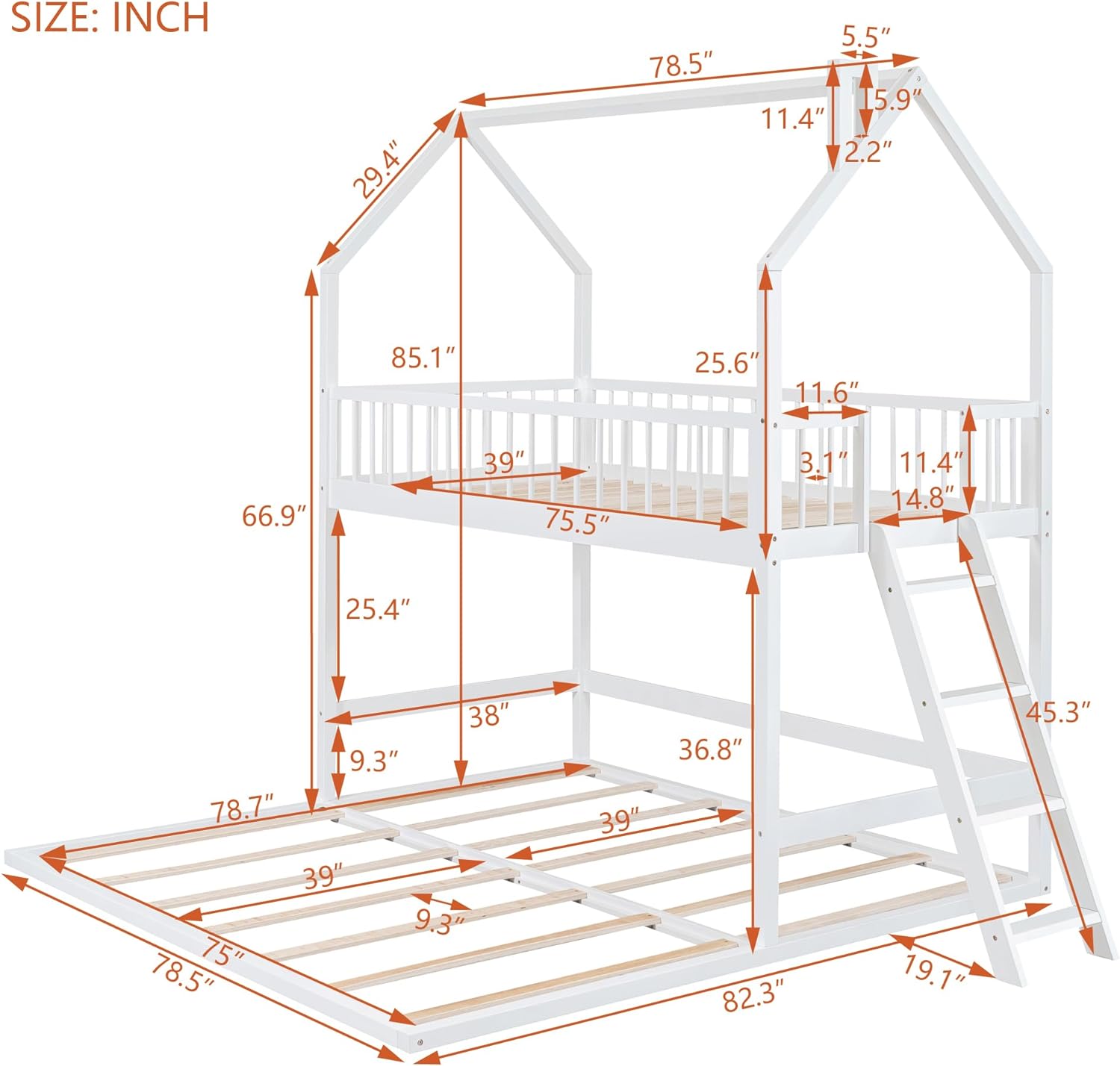 Over House Bunk Bed With Extending Trundle And Ladder, Wooden Bunk Bed Frame For Kids Teens Girls Boys - White