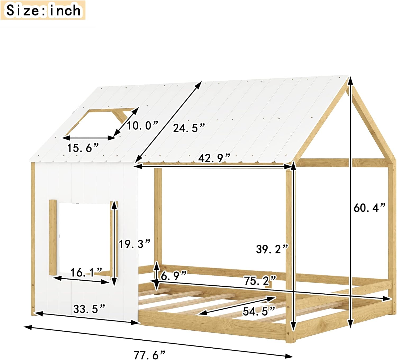 Full Size Kids House Bed, Montessori Floor Bed Full With Roof And Window, Wood Full Floor Bed Frame Cabin Fun Playhouse Bed For Girls, Boys, Children,White+Natural