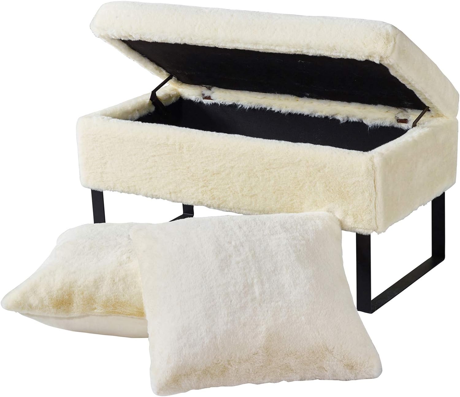 Heavy Faux Fur Storage Ottoman, 36'' X 18'' X 19''H / 20'' X 20'' Pillow Set, Antique White, Foot Rest Stool Ottoman Living Room Bedroom End Of Bed Makeup Entryway Bench Throw Pillow