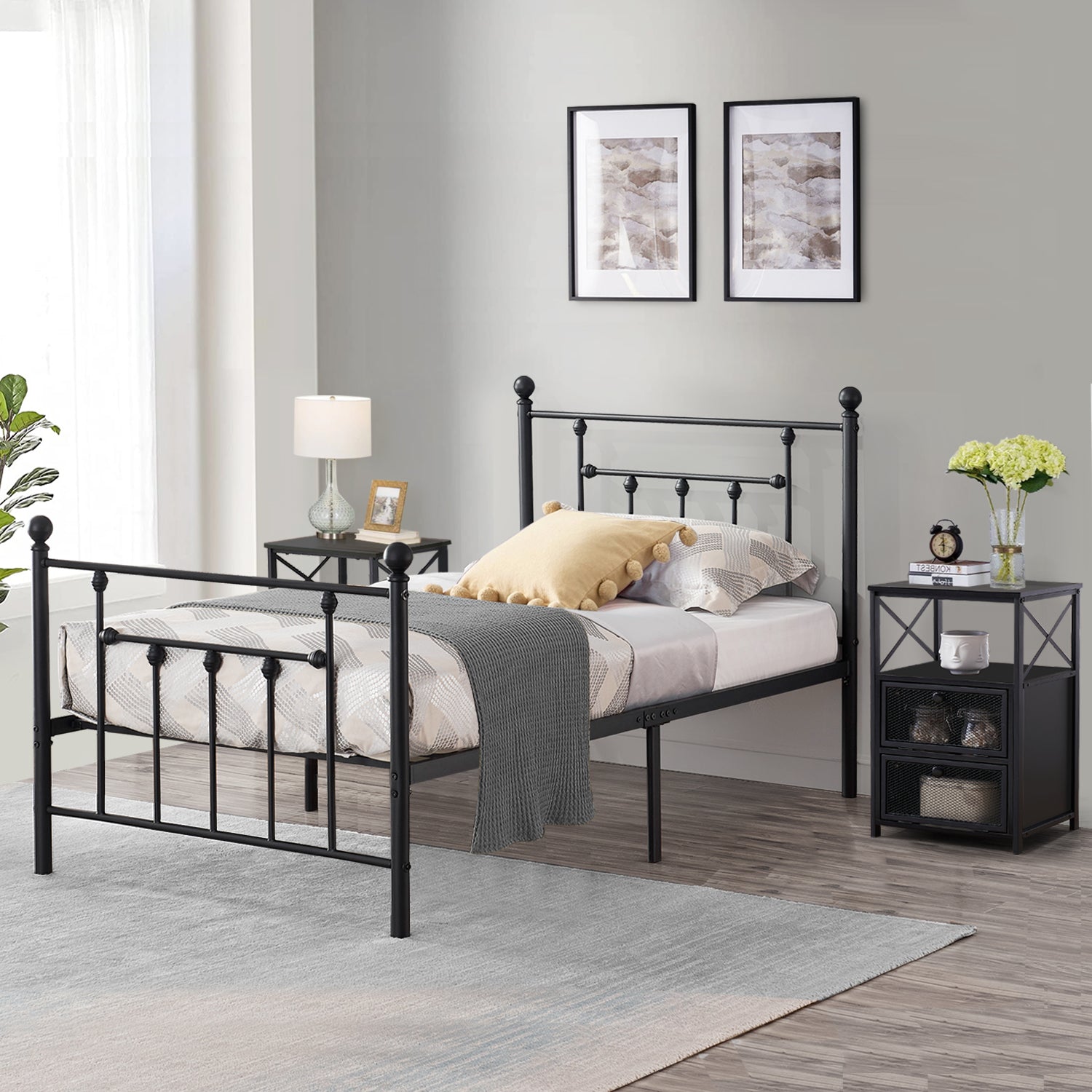 VECELO 3-piece Bedroom Set, Twin Size Metal Platform Bed Frame and 2 Black Nightstands