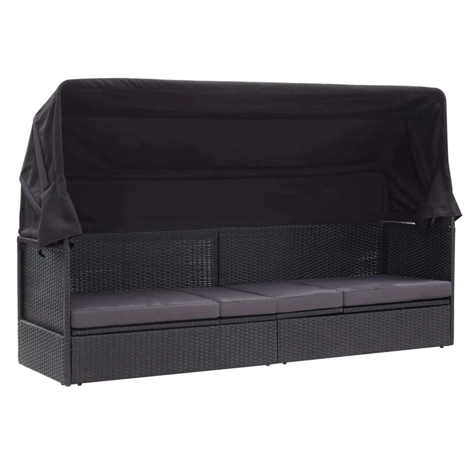 Dcenta Patio Sun Lounger with Canopy and Cushion Black Poly Rattan Outdoor Sun Bed for Balcony, Backyard, Poolside Furniture 80.7 x 24.4 x 48.8 Inches (W x D x H)