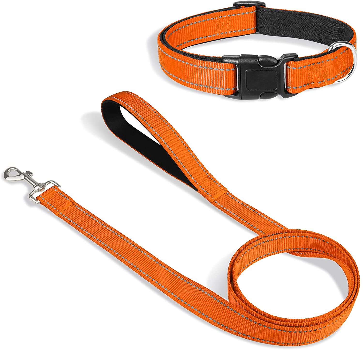 Dog Collar Bundle with 5FTx1 Width Double-Sided Reflective Dog Leash,5FT Nylon Dog Leashes with Nylon Dog Collar for Small Dogs,Orange