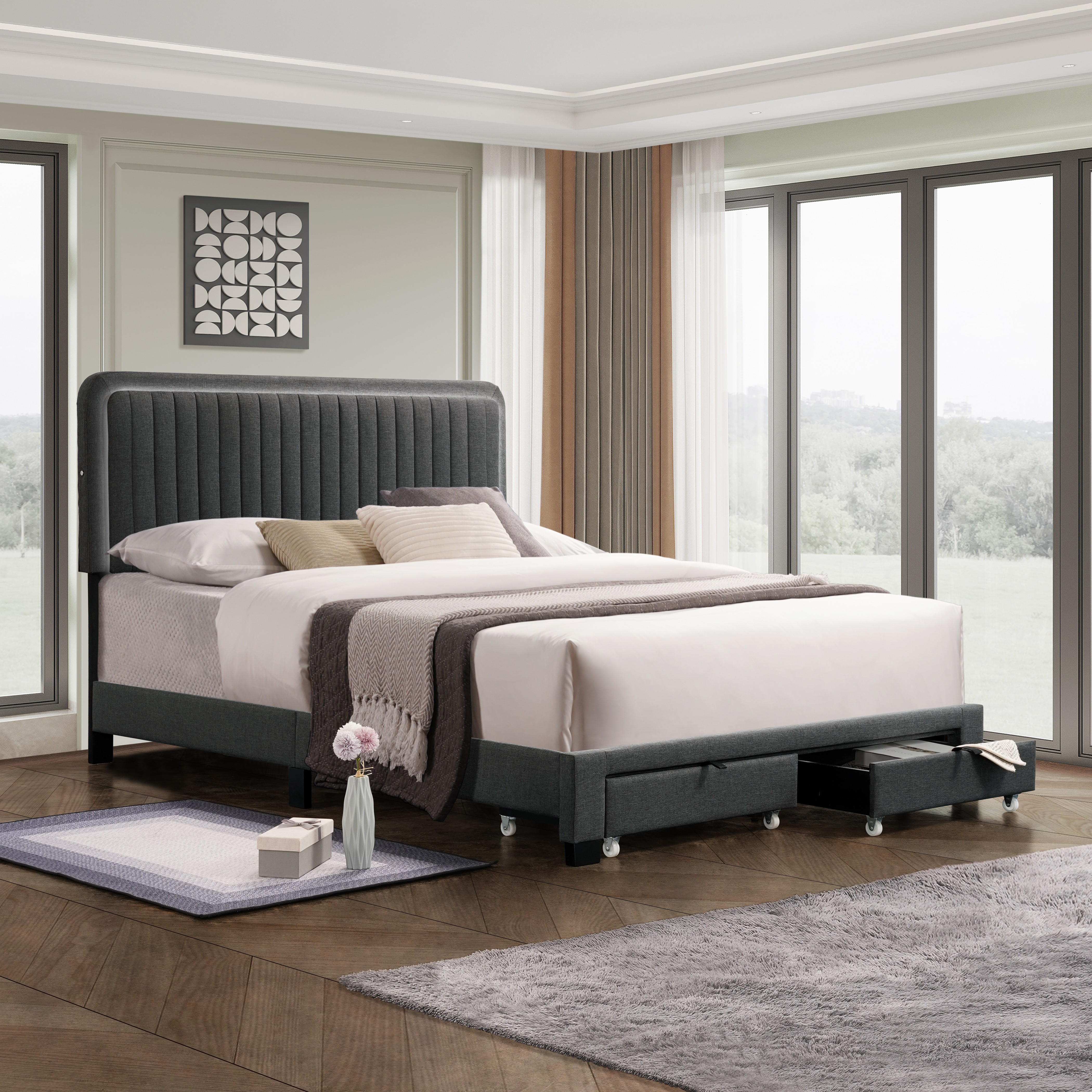 Queen Bed Frame with Adjustable LED Headboard - Linen Upholstered Platform Bed with Footboard Drawers, No Box Spring Required-Gray