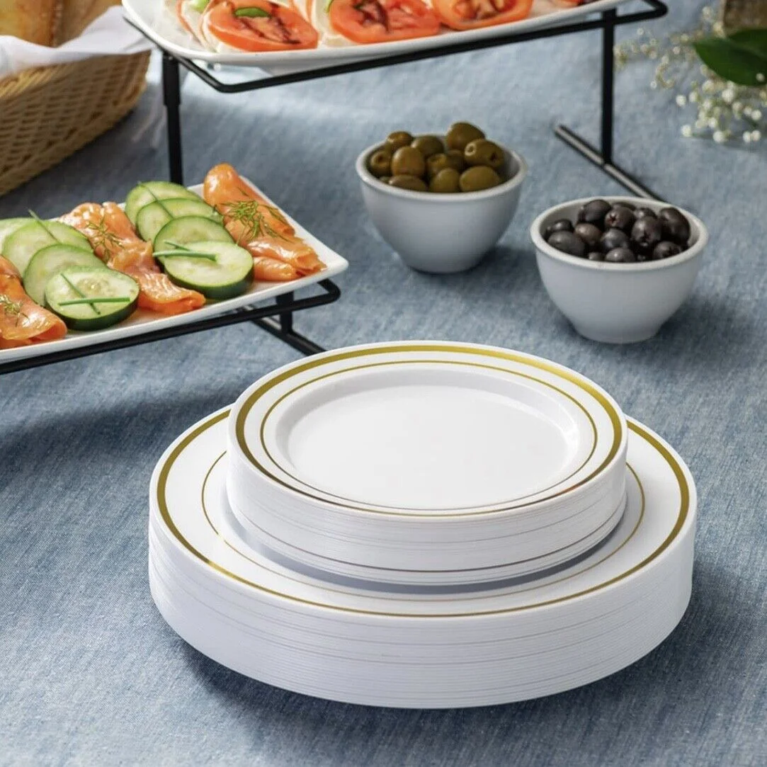 Prime Disposable Gold Trim Plastic Party Plates 9'' and 6'' Heavy Duty Plates