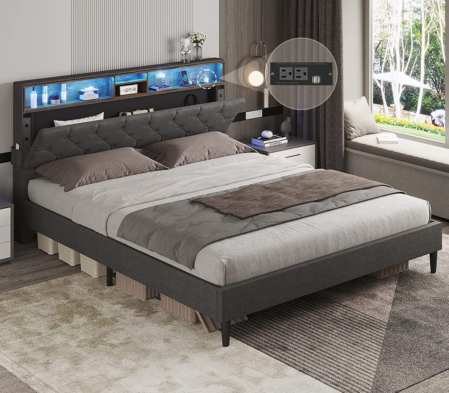 Full Size Upholstered Platform Bed Frame with LED Lights-Headboard Stoarge and Outlets,Stitched Button Tufted Design, Dark Grey