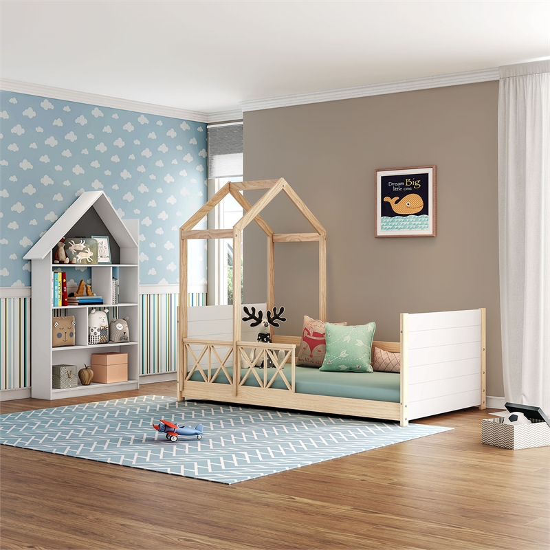 Pemberly Row Modern Solid Wood Twin Daybed with Roof and Guardrails in White/Oak