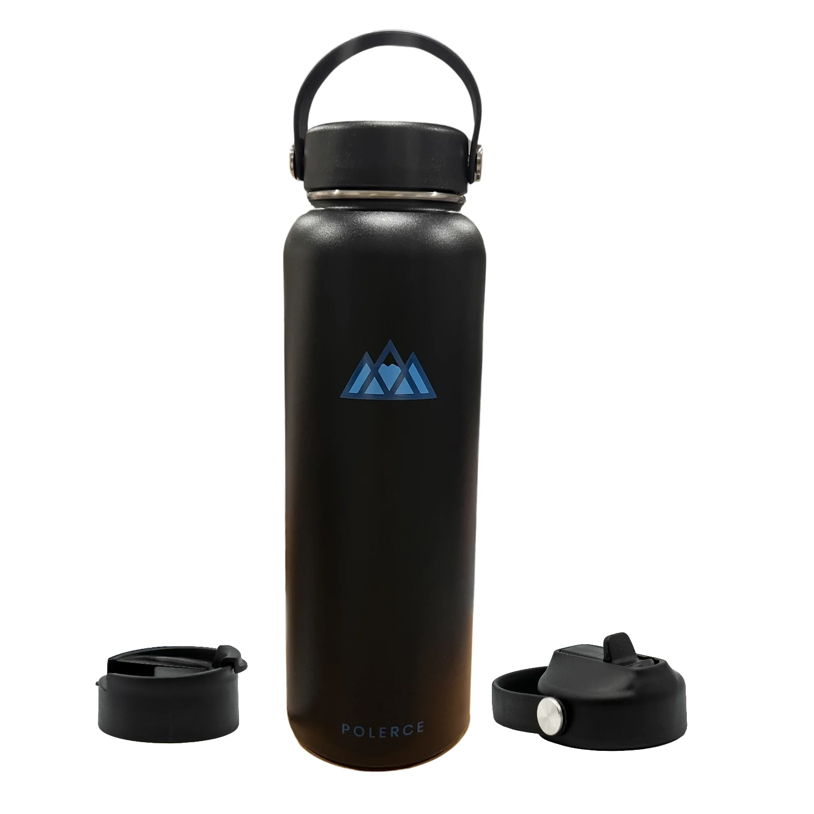 Vacuum Insulated Bottle with 3 Lids - Stainless Steel Thermally Insulated Flask - 40 Fl Oz - Black - by Polerce