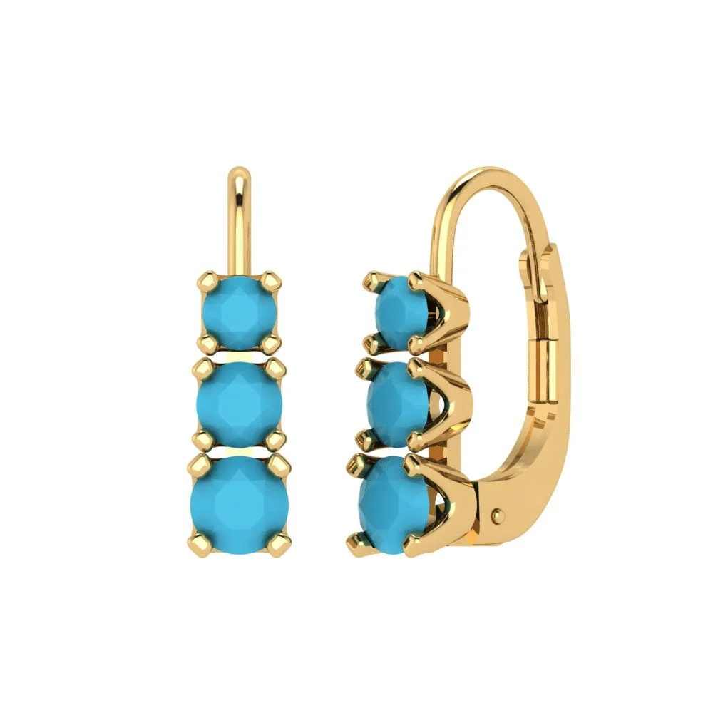 1.06 ct Brilliant Round Cut Drop Dangle Simulated Turquoise 18K Yellow Gold Earrings Lever Back