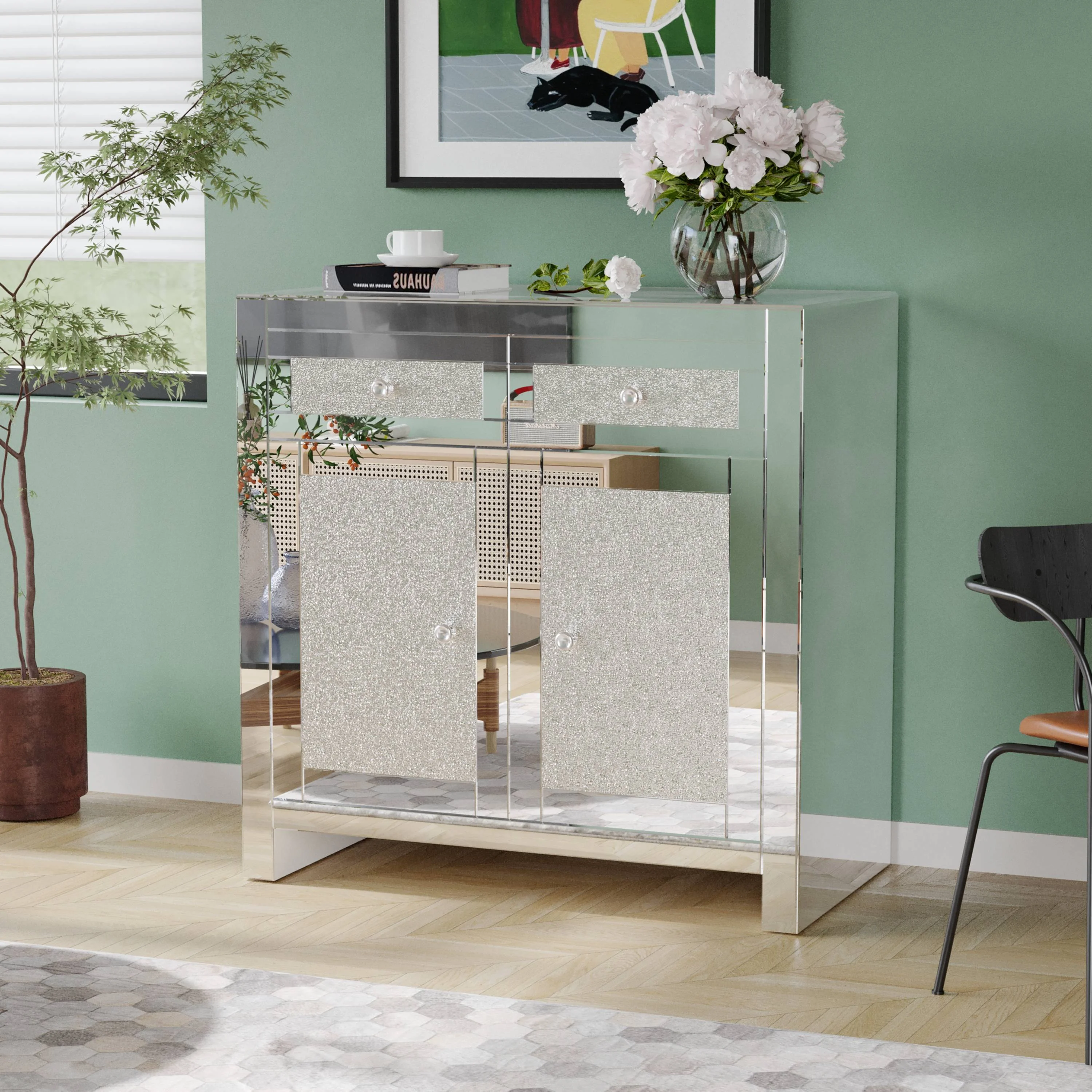Prime Garden Mirror Accent Cabinet with 2 Doors Sideboard,Sliver