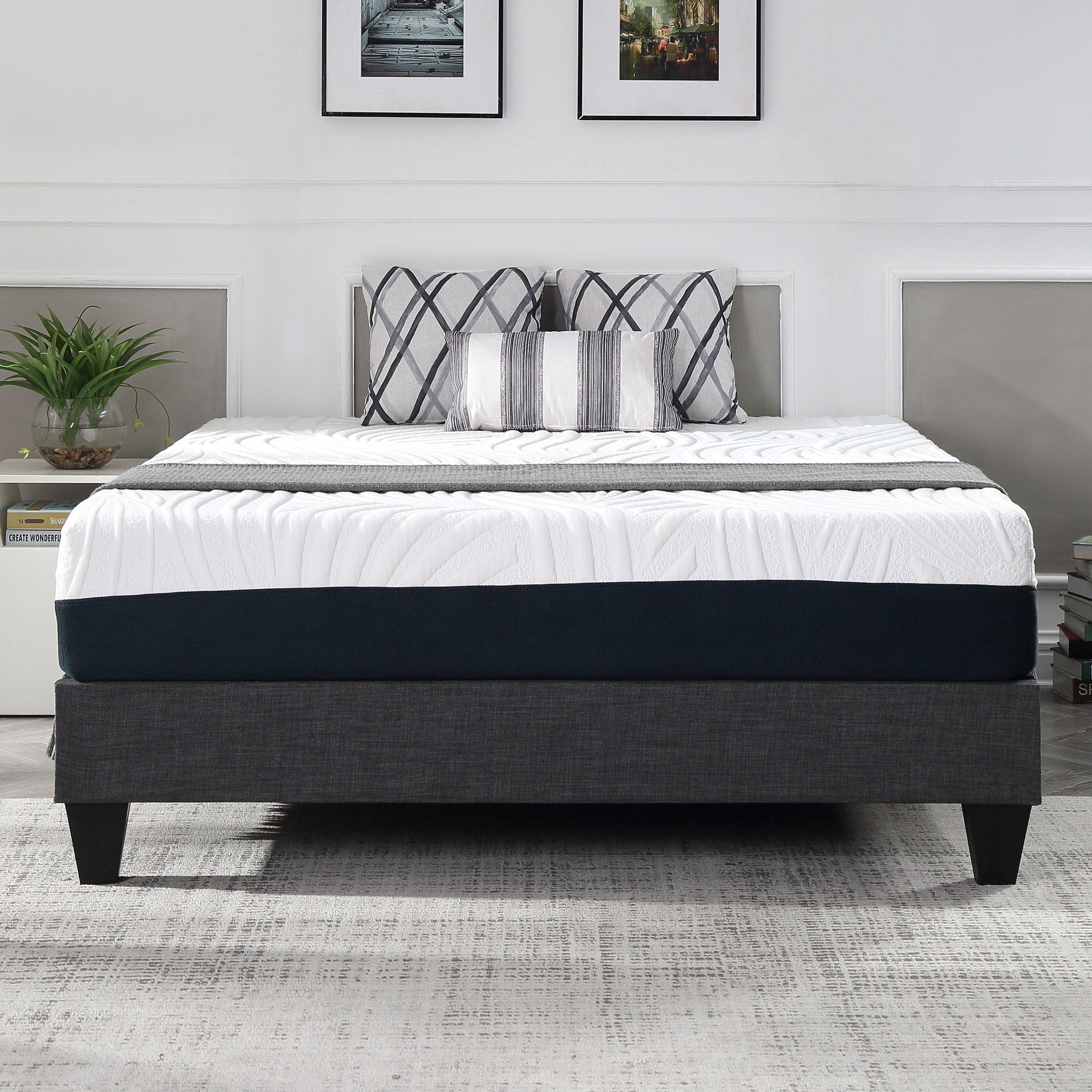 King Contemporary Grey Upholstered Platform Bed
