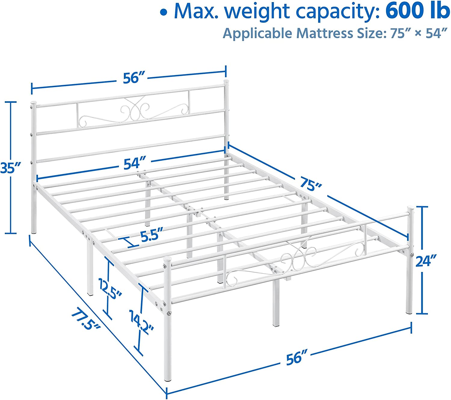 Classic Metal Platform Bed Frame with Headboard and Footboard Flower Design Mattress Foundation Easy Set Up Structure Full Size White