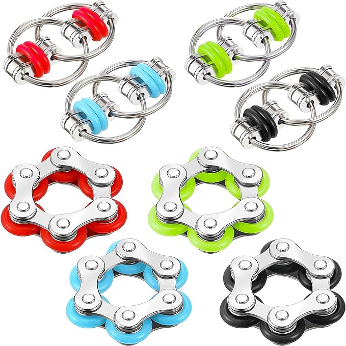 8 Pieces Fidget Toys Set Includes 4 Flippy Roller Chain and 4 Six Roller Bike Chain Toys for Adults and Teenagers in Learning Help (Red, Sky Blue, Green, Black)