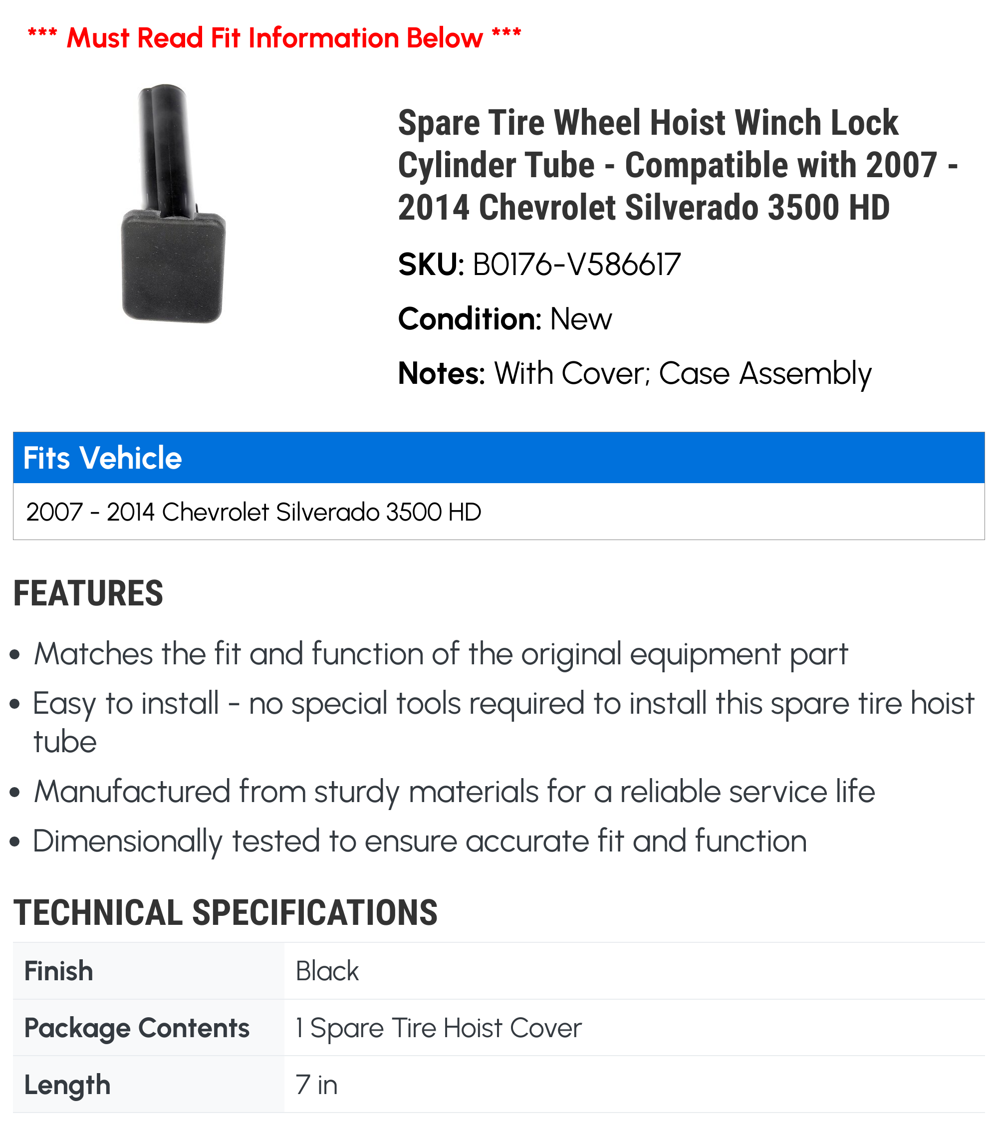 Spare Tire Wheel Hoist Winch Lock Cylinder Tube - Compatible with 2007 - 2014 Chevy Silverado 3500 HD 2008 2009 2010 2011 2012 2013