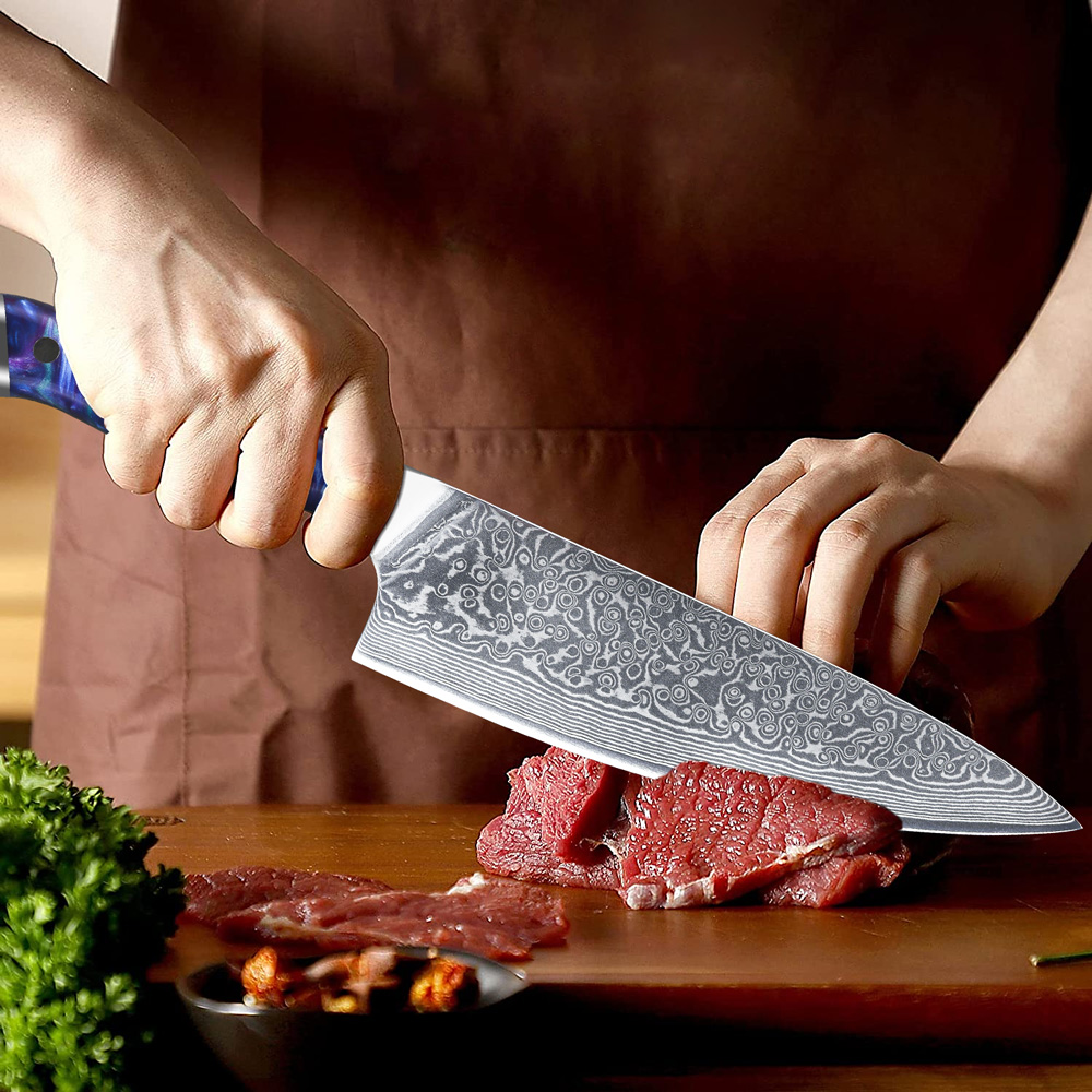 TURWHO 8inch Chef Knife Japanese VG10 Damascus Steel Kitchen Knife, Cook Knife, with Blue Resin Handle