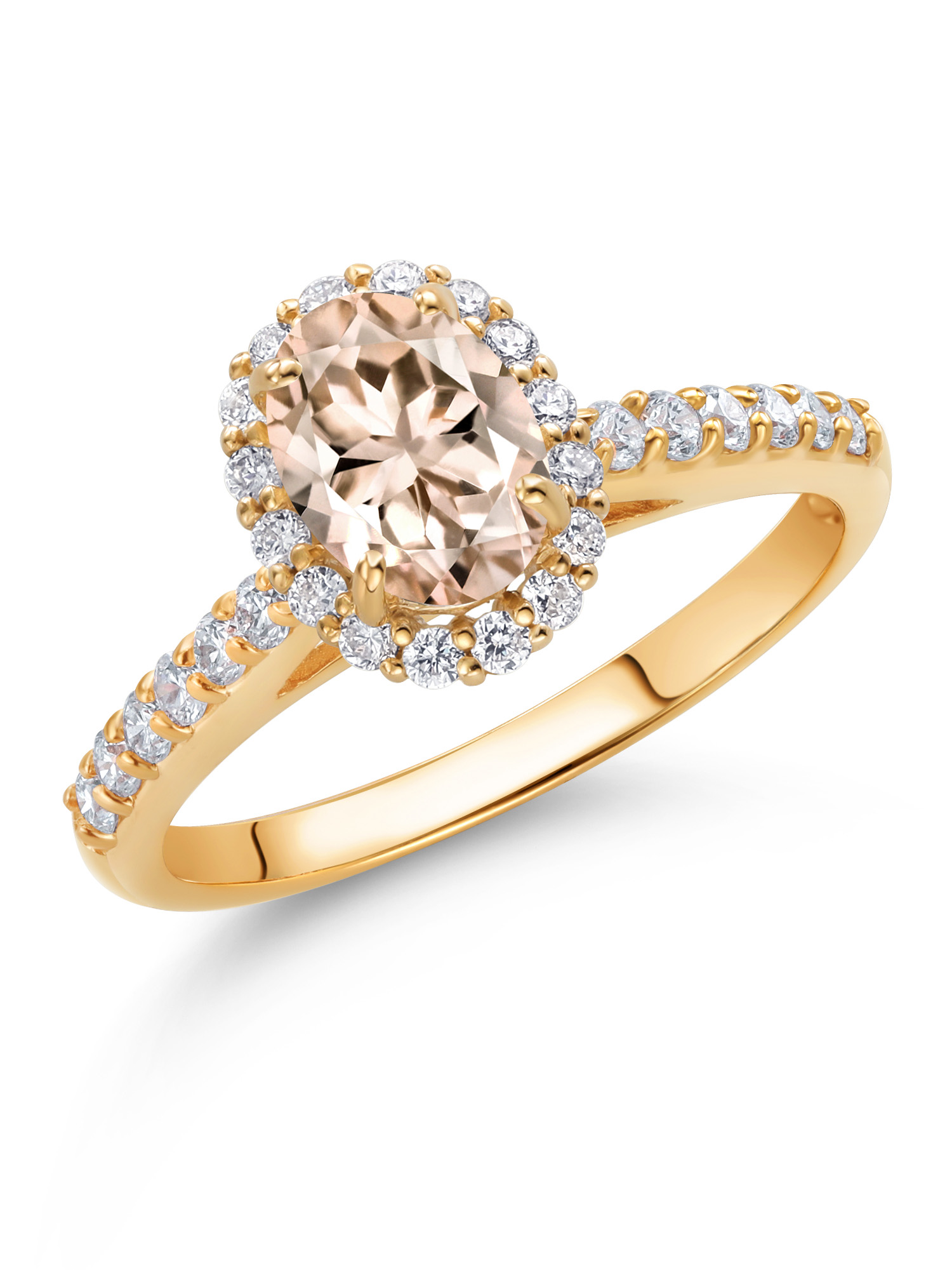 Gem Stone King 10K Yellow Gold Peach Morganite and White Lab Grown Diamond Halo Engagement Ring For Women (0.96 Cttw, Gemstone October Birthstone, Oval 7X5MM)