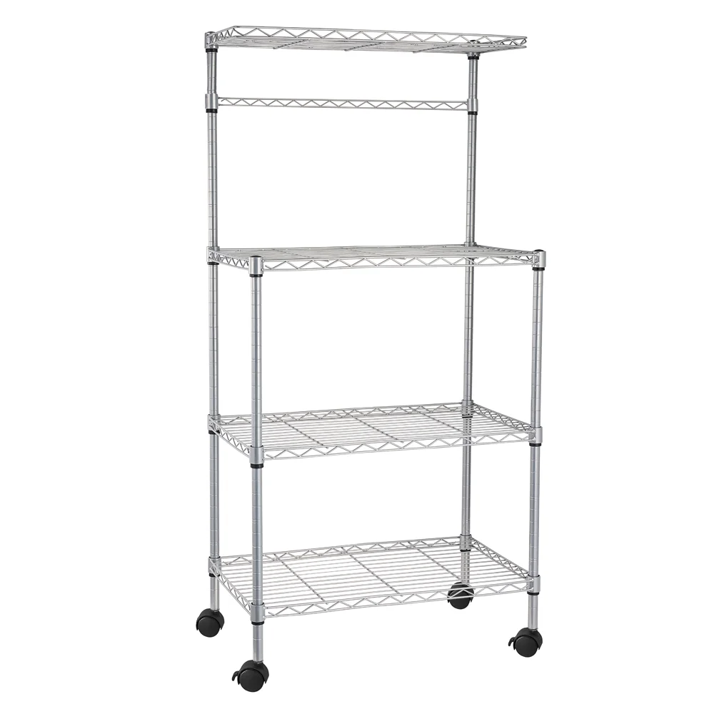 Storage Cart, 4 Layer Kitchen Bakers Rack Shelf Adjustable Microwave Oven Stand Silver