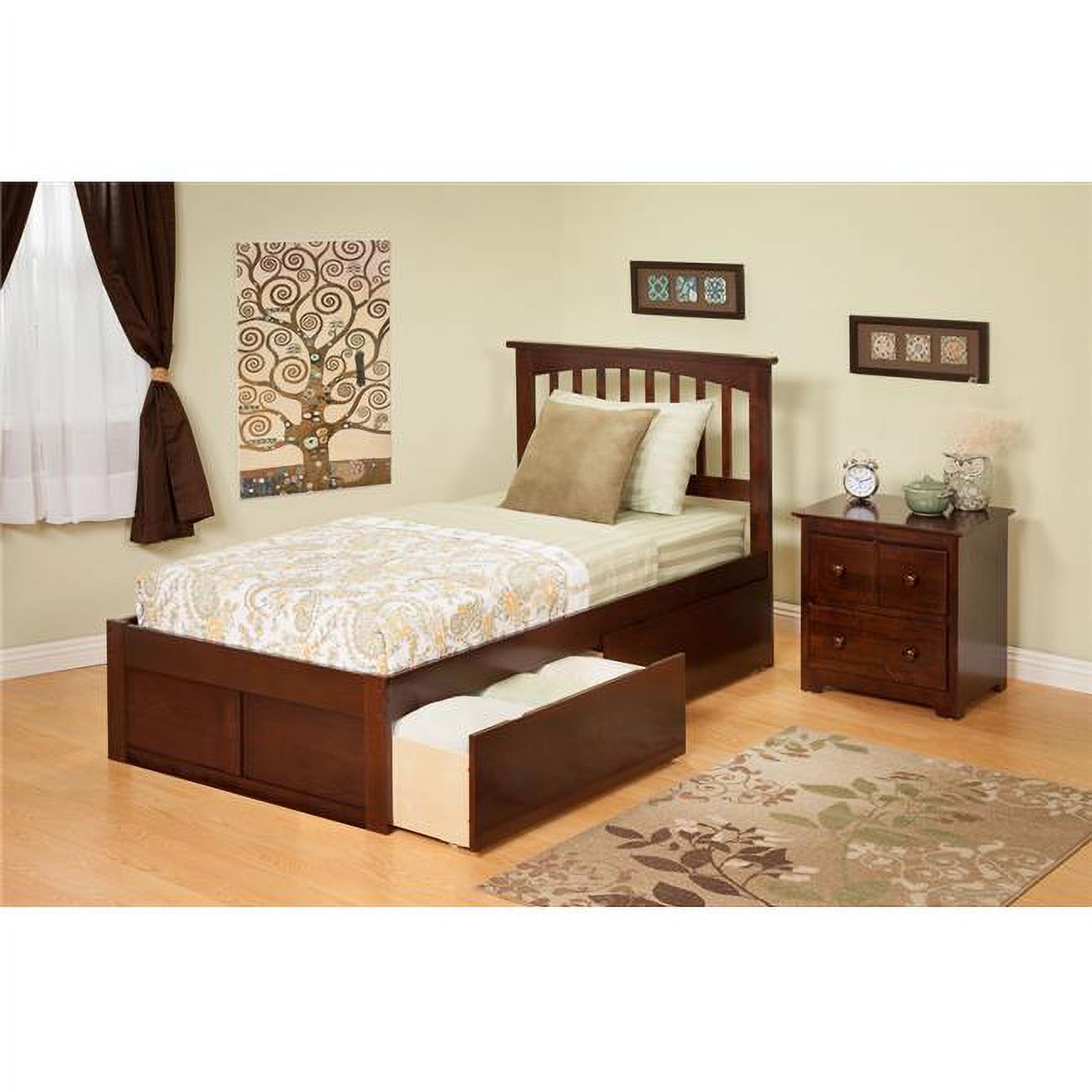 Mission Full Bed with Flat Panel Footboard and Urban Bed Drawers in an Antique Walnut Finish