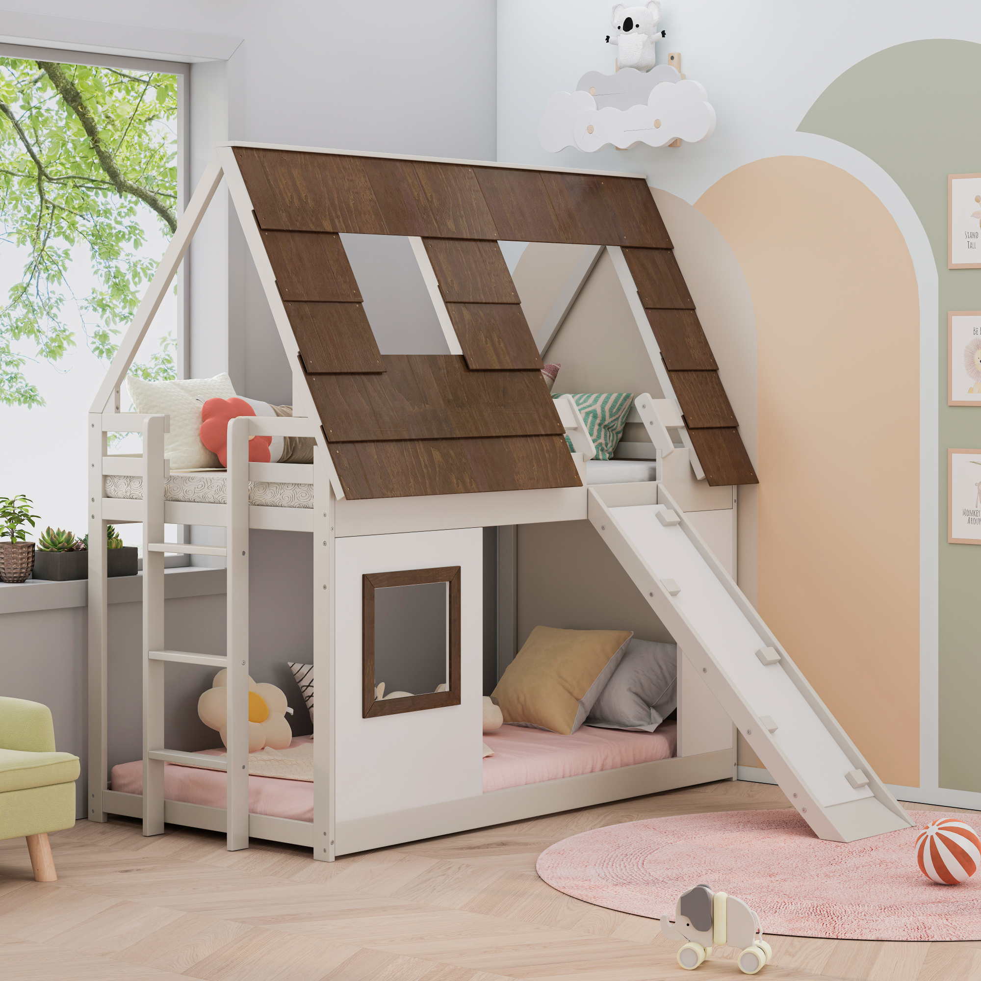 Twin-Size Wooden House-Shaped Bunk Bed with Window, Roof Design, Ladder & Slide in Brown and White