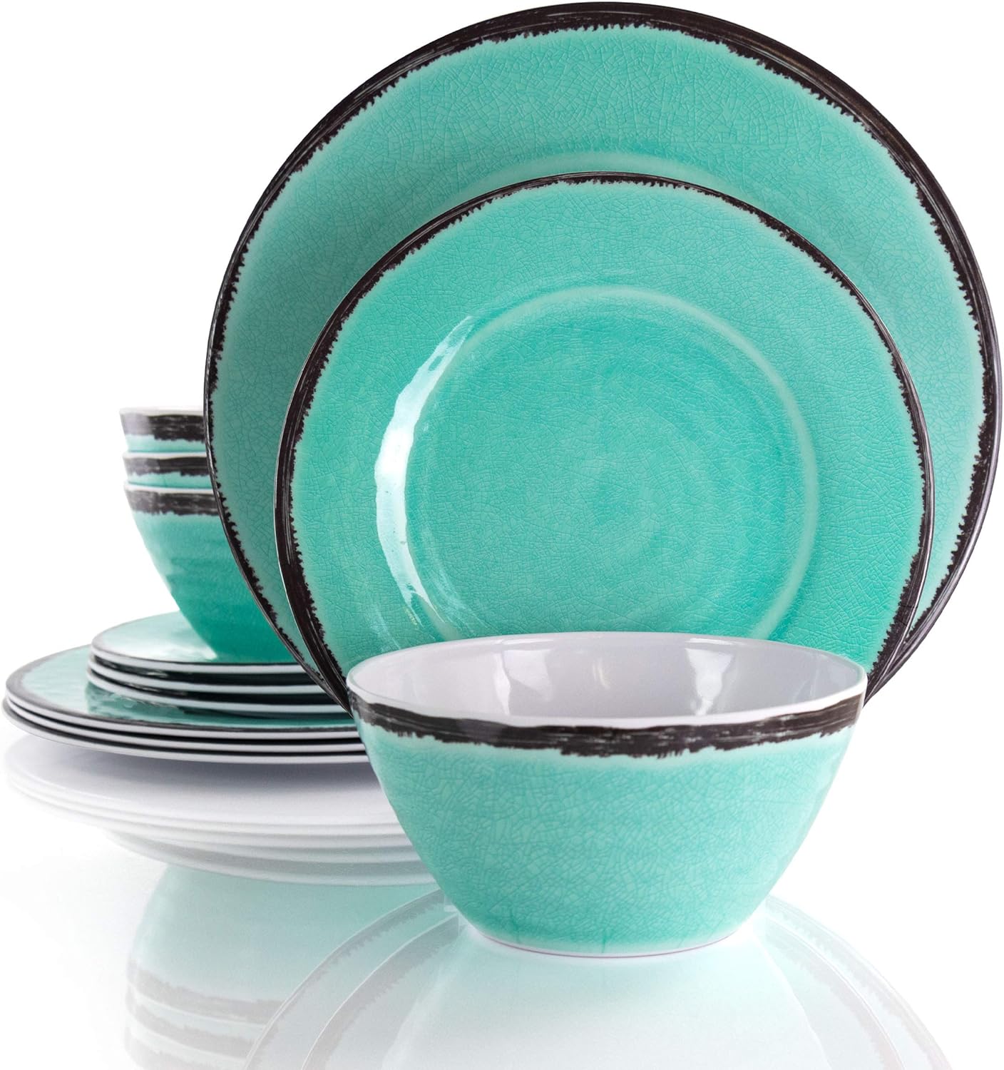 Lightweight Dinnerware Set, 12 Piece, Turquoise And Dark Trim