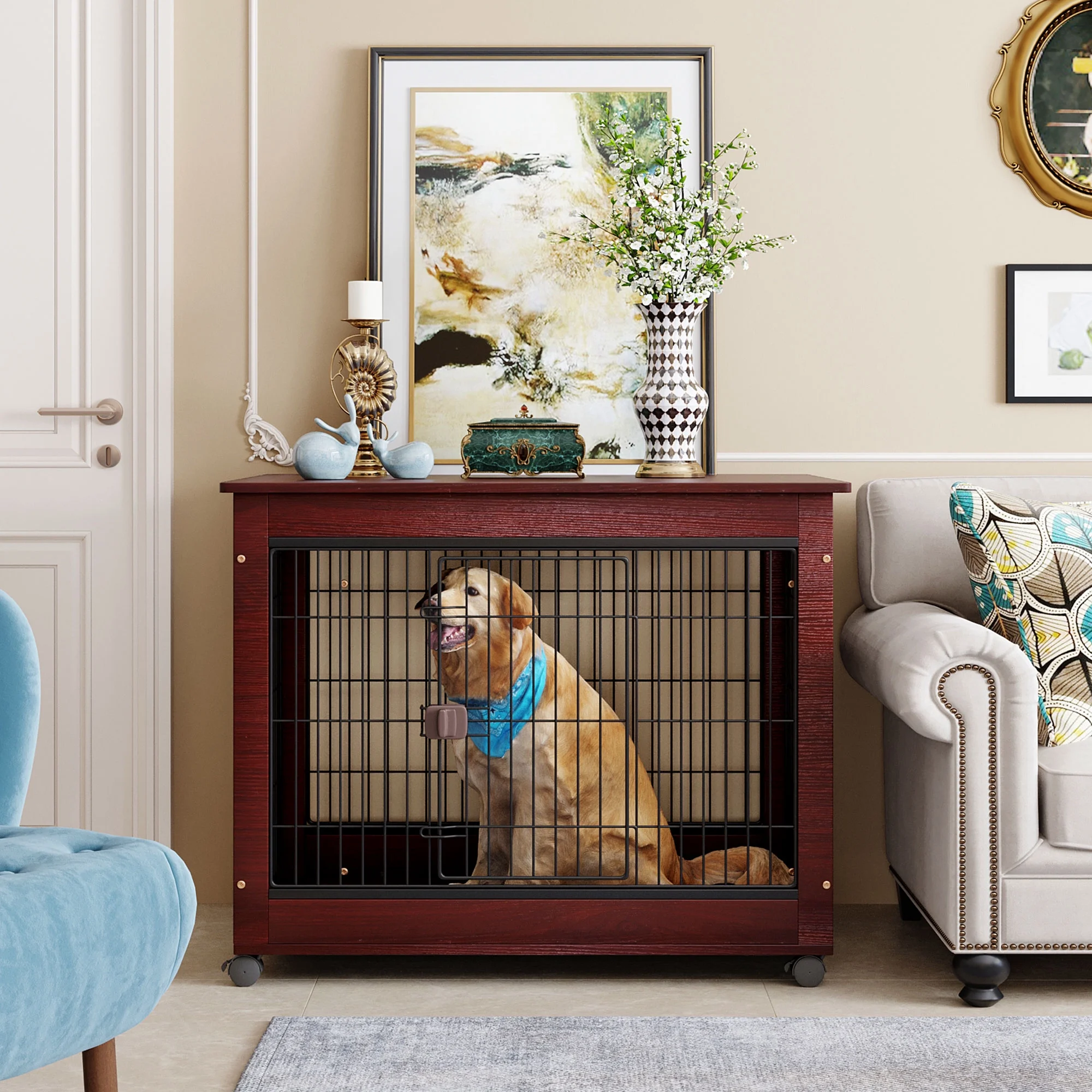 39 inch Length Furniture Style Pet Dog Crate Cage End Table with Wooden Structure and Iron Wire and Lockable Caters, Medium and Large Dog House Indoor Use