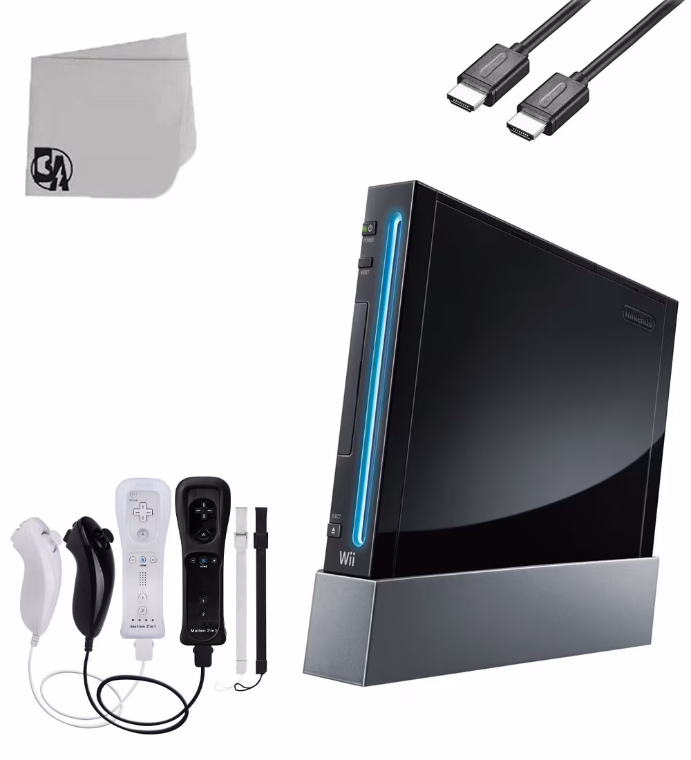 Nintendo Wii Black Gaming Console With 2 Black&White Gaming Controller + HDMI Cable BOLT AXTION Bundle Like New