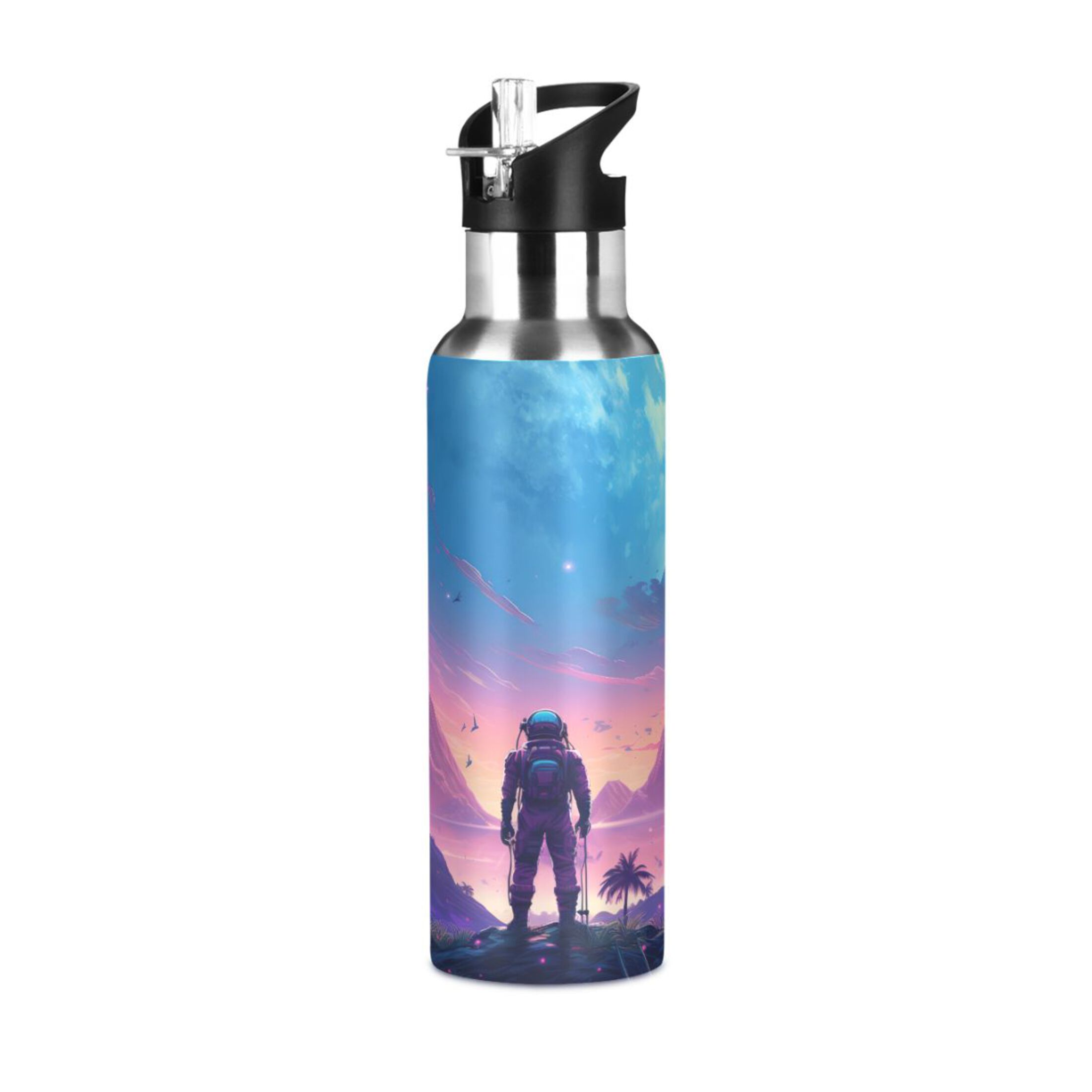 Water Bottle with Straw Lid Leak Men on Mountain Night Stainless Steel Insulated Thermos Vacuum Flask for Cold Hot Drinking for Sports Camping Gym Yoga