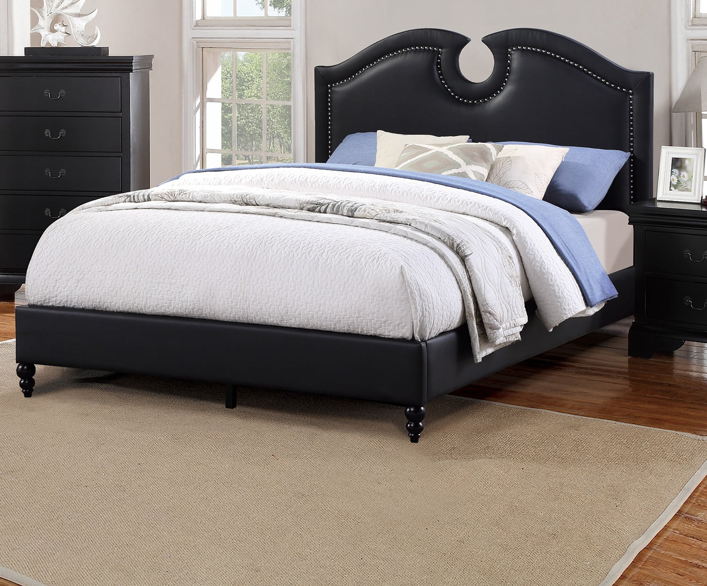 Modern Black Faux Leather Queen Size Bed Bedroom Furniture 1pc bed Plywood Pine Wood Bedframe