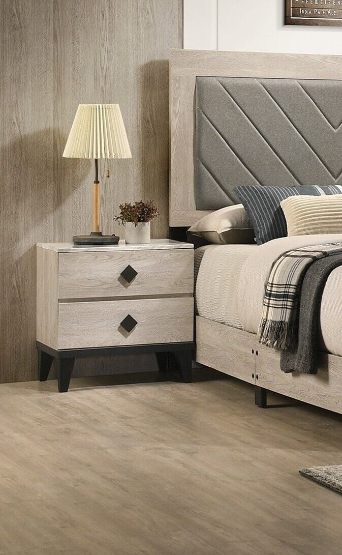 Queen Size Bed And 2x Nightstands Cream Finish Transitional Style Wooden Bedroom Tufted Headboard Bedframe 3pc Furniture Set