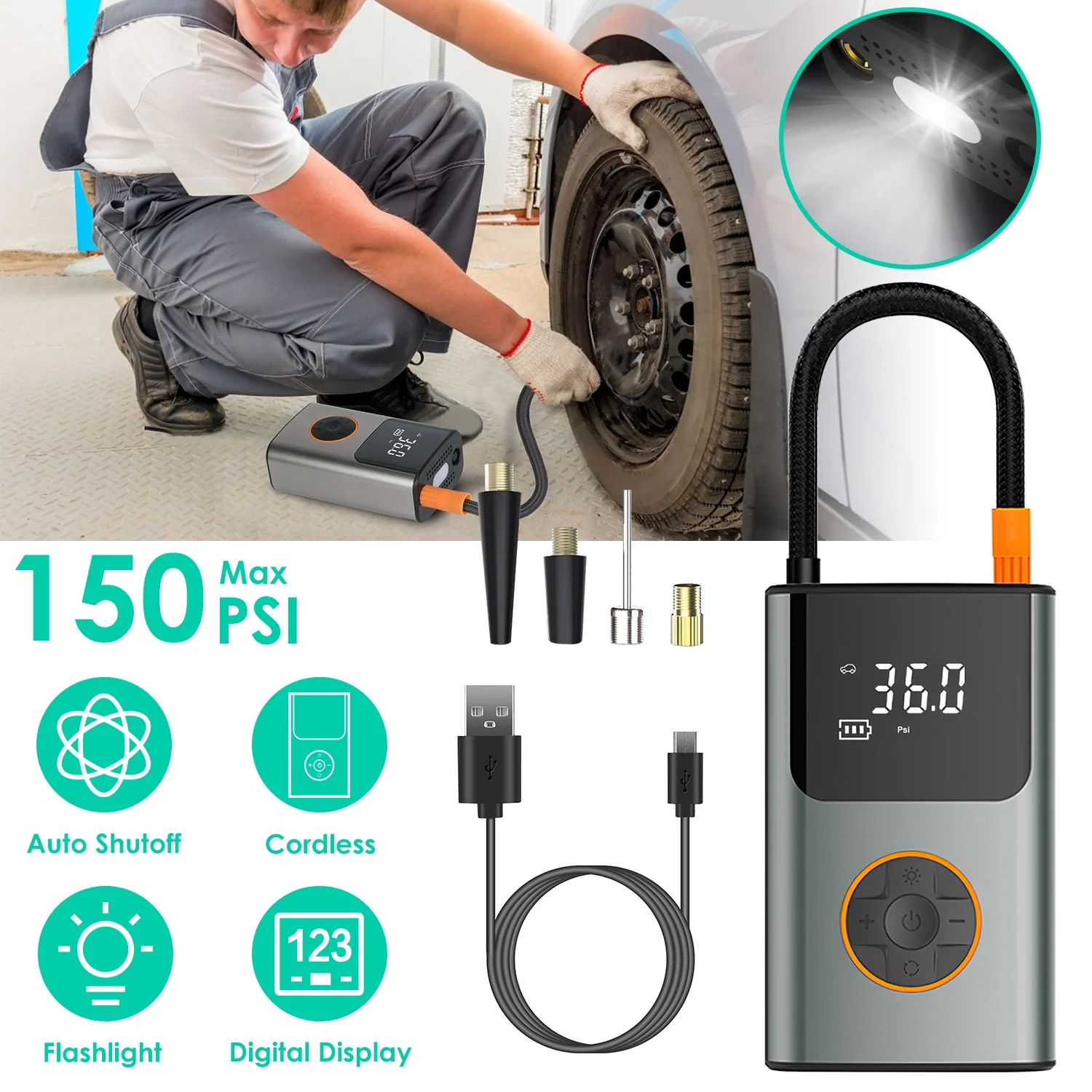 Mini Tire Inflator, iMounTEK 4000mAh Reachargeable Portable Air Compressor, 150 PSI Fast Inflation, for Cars, Motorcycles and Bikes