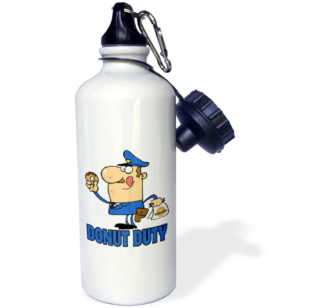 3dRose Funny Cartoon Police Officer On Donut Duty, Sports Water Bottle, 21oz