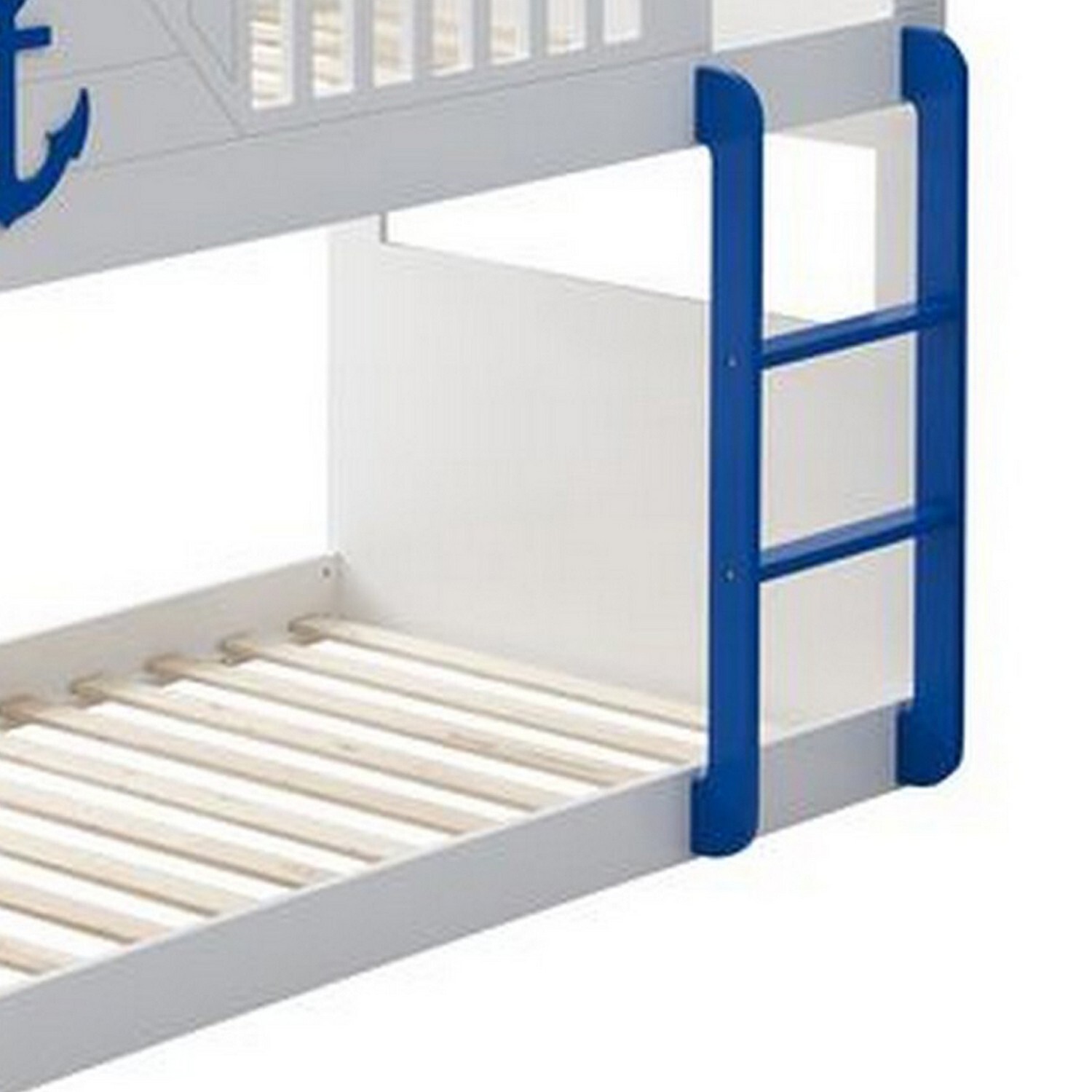 Benjara Twin over Twin Bunk Bed with 9 Shelves and Nautical Design, White and Blue