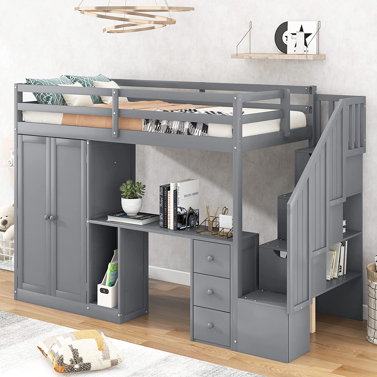 Size Loft Bed Frame With Wardrobe And Staircase For Kids, Desk And Storage Drawers And Cabinet In 1,Gray