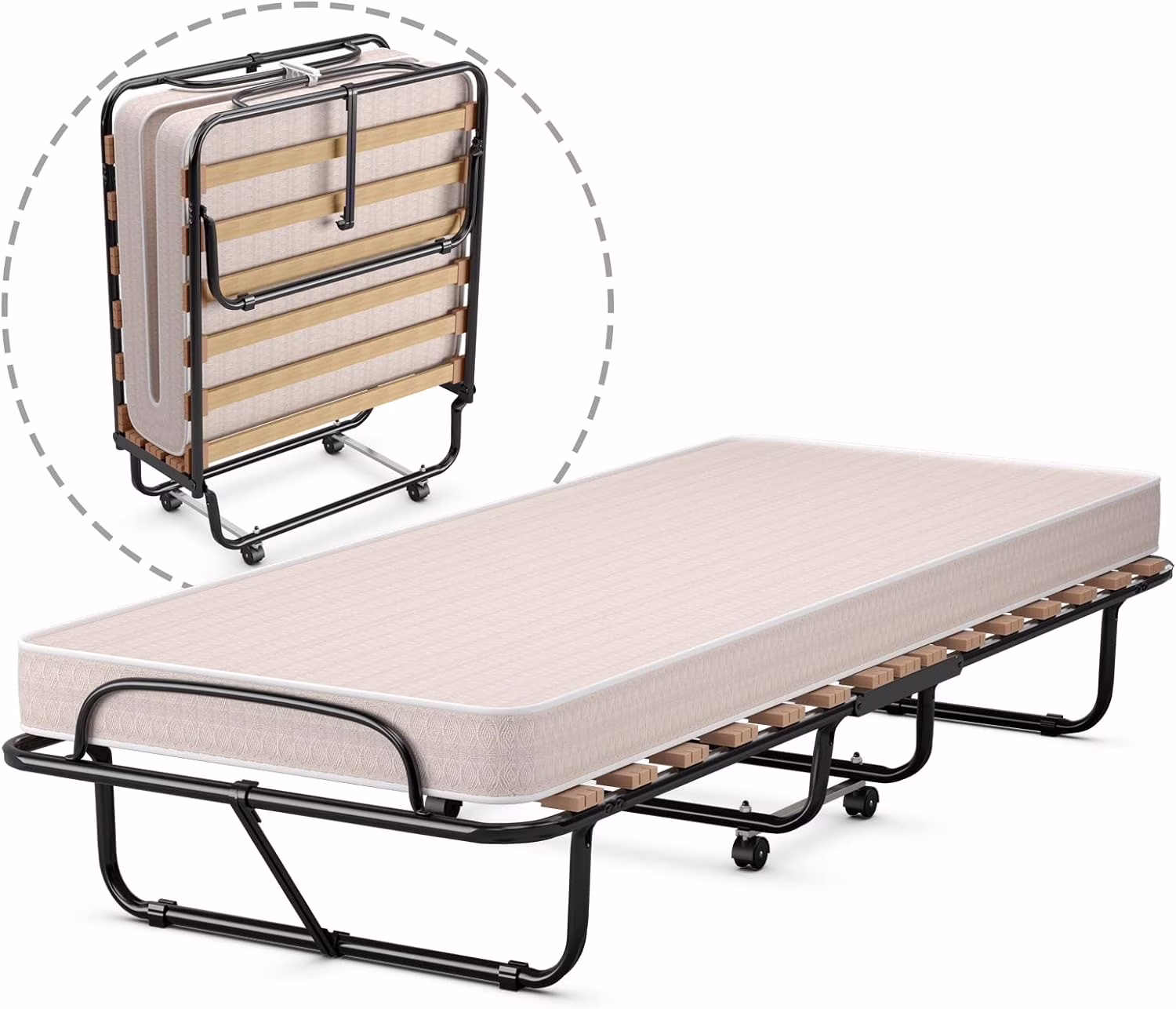 YZboomLife Folding Bed with Memory Foam Mattress Fold Out Cot Size Rollaway Guest Bed with Sturdy Metal Wood Frame  75 x 31.5 Inch