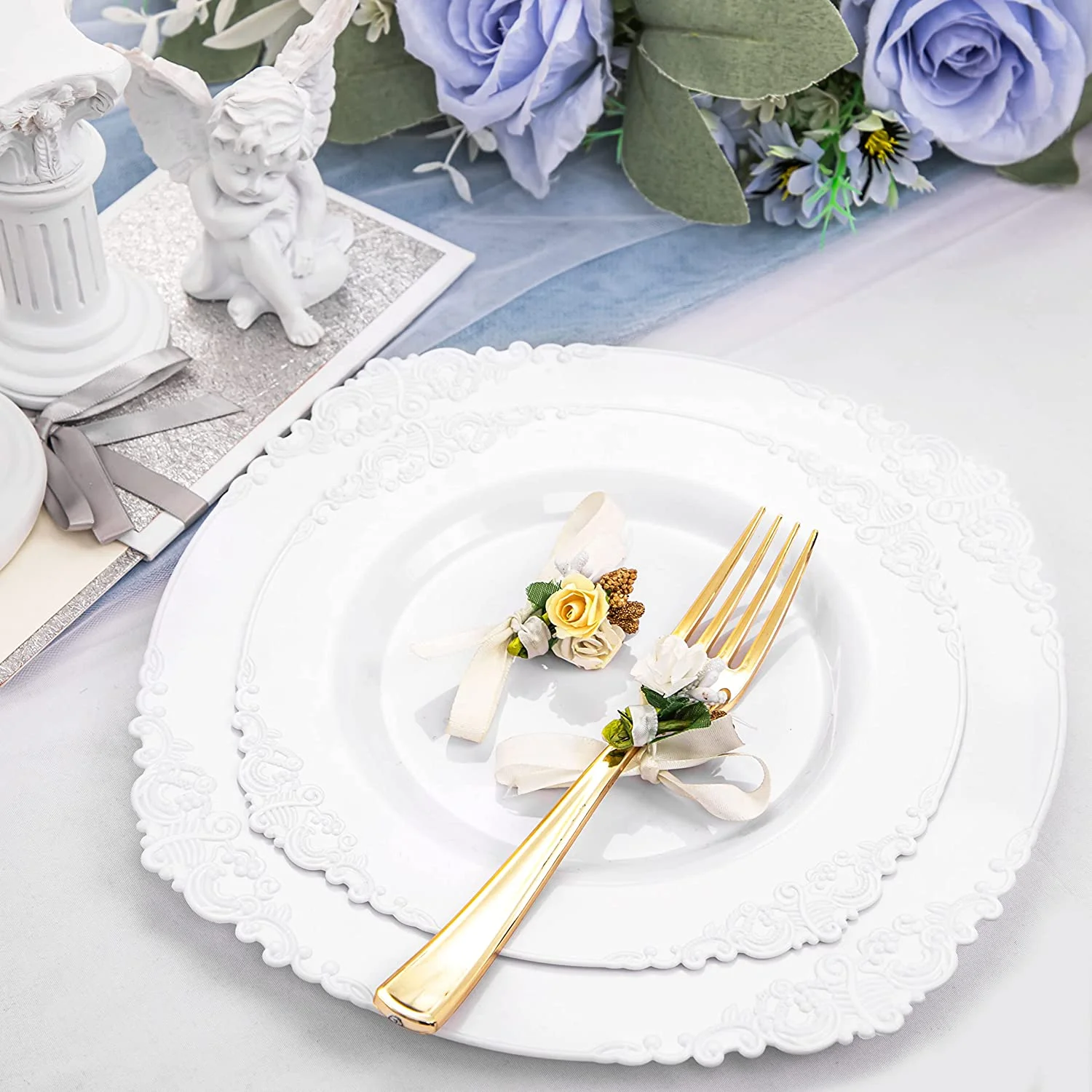 100PCS White Plastic Plates，White Disposable Plates，Include 50 Pieces 10.25 Inch Dinner Plates & 50Pieces 7.5 Inch Dessert Plates，Perfect for Weddings & Thanksgiving & Christmas